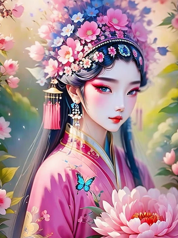 (masterpiece, best quality:1.2,lifelike:1.37), ancient,Chinese style illustration:(1 girl,broken into pieces,portrait ),Exquisite facial features,Detailed drawing of eyes,eyelash,blush,long hair,Exquisite makeup,There are beautiful pearls on the head,blue华丽的汉服,Garden background blurred,simple,glowing butterfly,blue:1.37,huge peony flower:1.37
