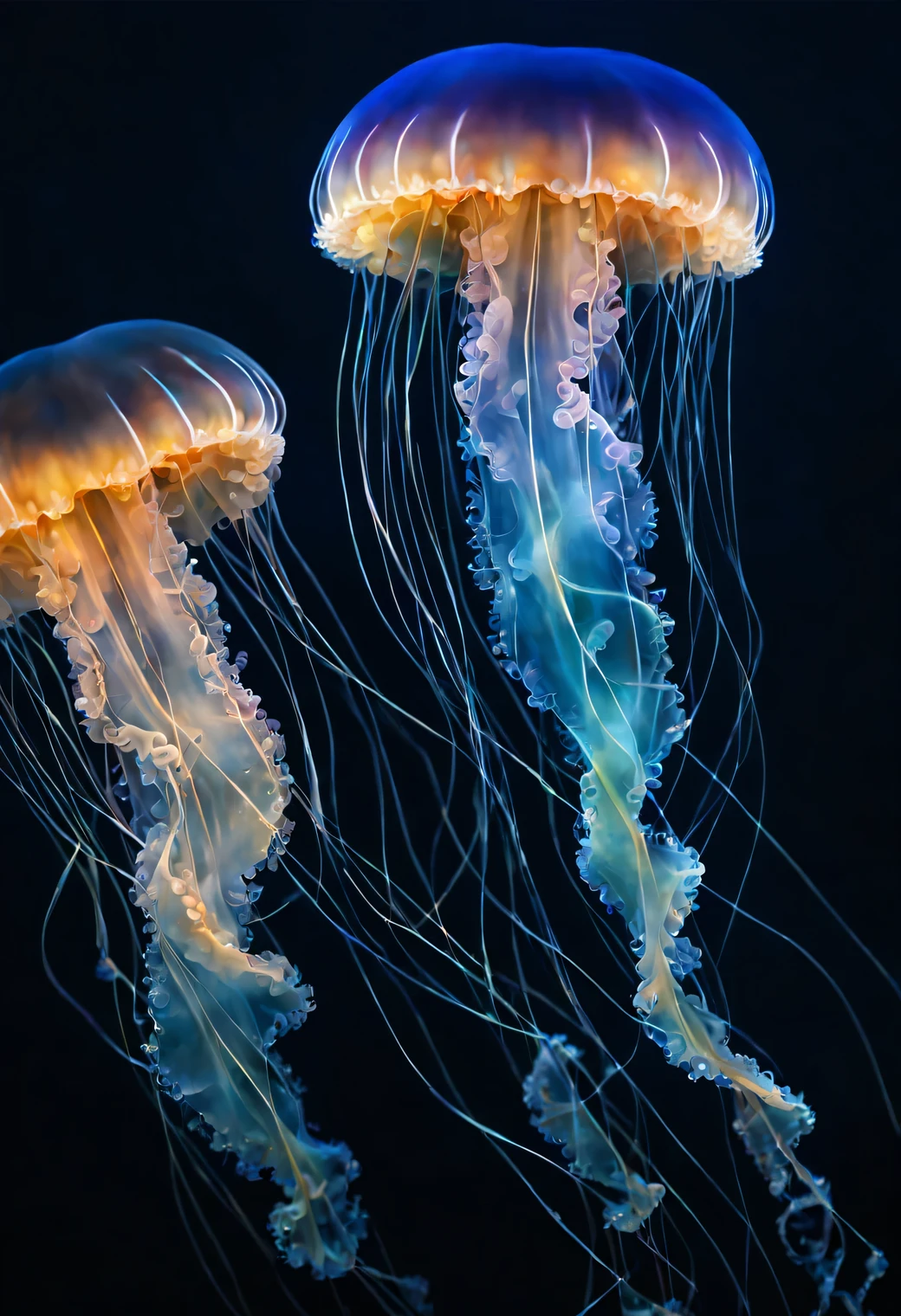 Neural network art, Highly accurate and clear image of the night hero jellyfish from the world of neural networks, worlds of neural networks, jellyfish герой нейронной сети, ночная jellyfish герой другого мира, jellyfish, more details, shadow and glow, filigree craftsmanship, Beautiful image, High detail