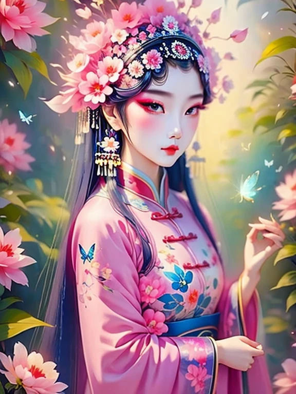 (masterpiece, best quality:1.2,lifelike:1.37), ancient,Chinese style illustration:(1 girl,broken into pieces,portrait ),Exquisite facial features,Detailed drawing of eyes,eyelash,blush,long hair,Exquisite makeup,There are beautiful pearls on the head,blue华丽的汉服,Garden background blurred,simple,glowing butterfly,blue:1.37,huge peony flower:1.37