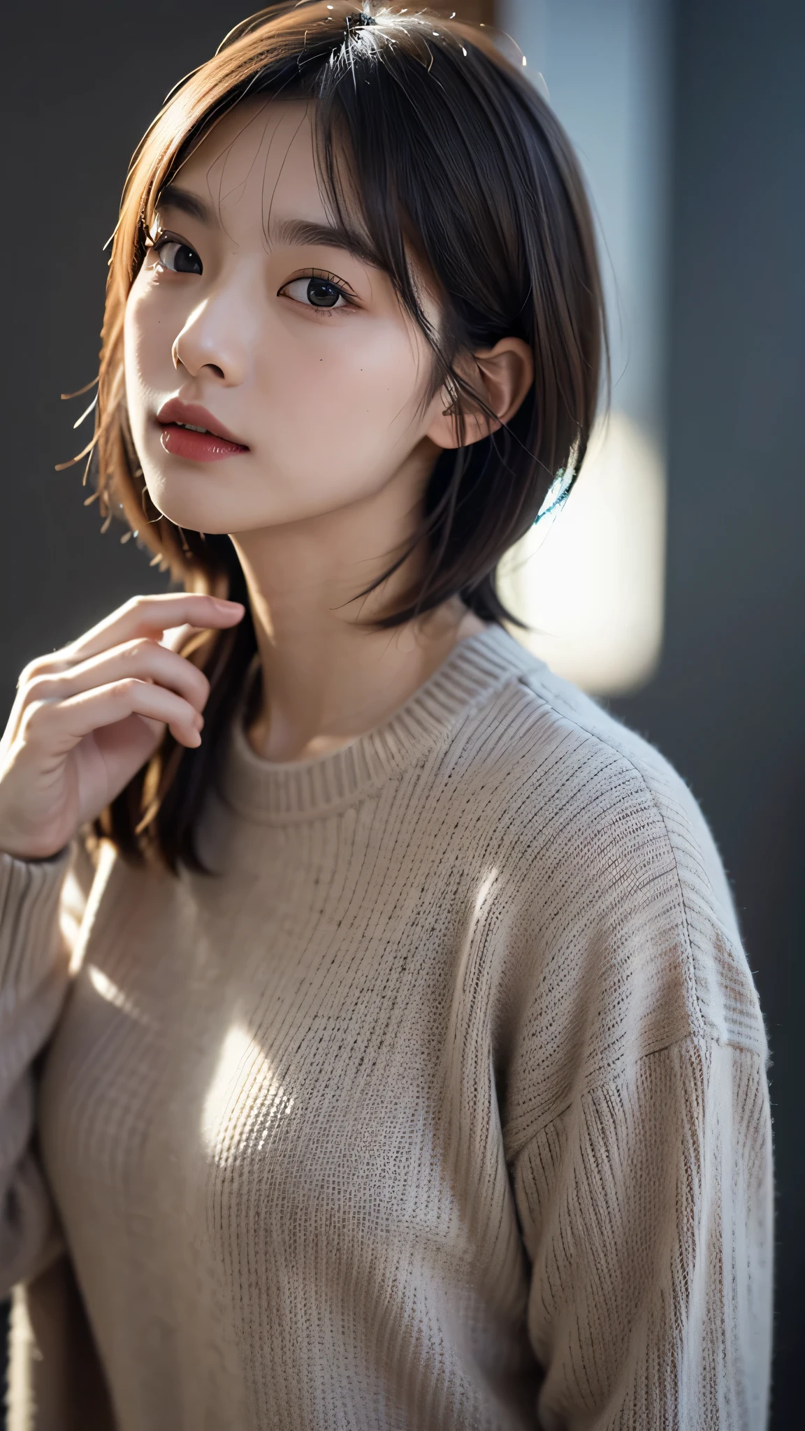 ((masterpiece:1.4、top-quality))、(photographrealistic:1.4)、profetional lighting、physically-based renderingt,Cowboy Shot,Bery short hair、extra detailed face、Detailed skin、(Beautiful japanese girl:1.05)、thin bunches of bangs、knit、White Room、white walls、Bright lighting