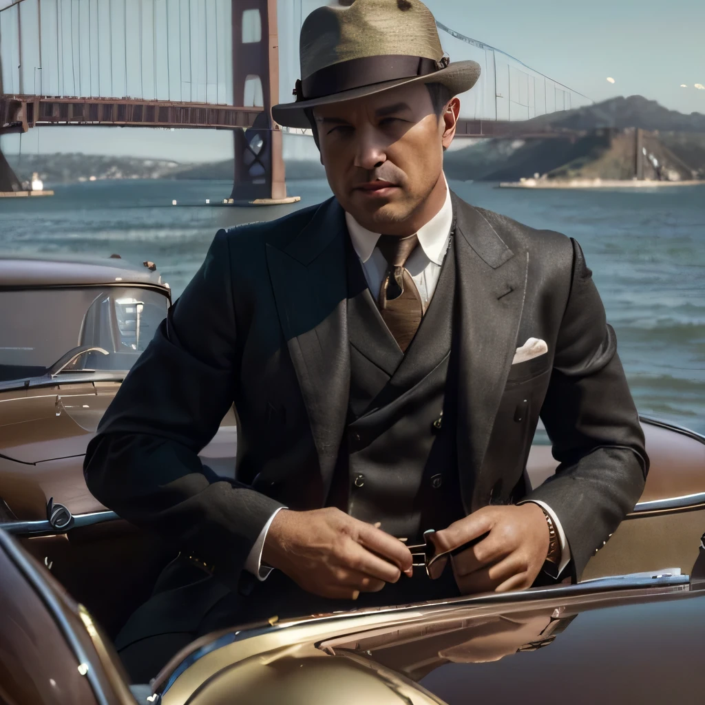 (best quality,4k,8k,highres,masterpiece:1.2),ultra-detailed,(realistic,photorealistic,photo-realistic:1.37),1930s man,debonair,double-breasted suit,fedora,vintage car,Golden Gate Bridge