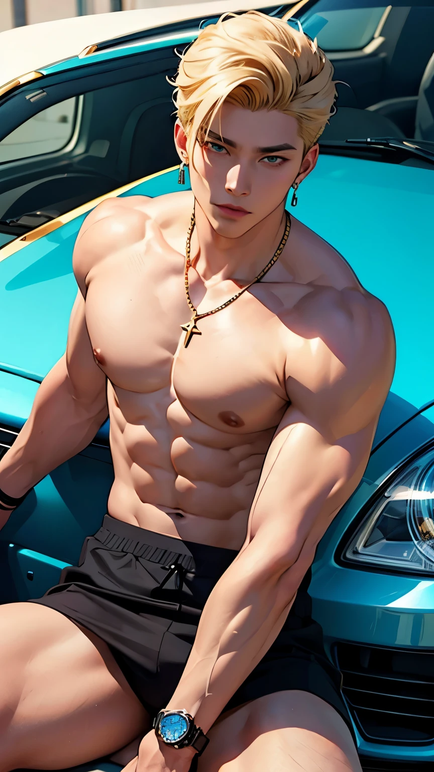 intricate detail, 18 year old, young handsome asian male wearing black tanktop, kpop,ikemen, blue eyes, handsome, earrings, gold necklace, luxuary golden omega watch, blond hair, big muscle, physique, fitness model, wealthy, in front of glitterinng blue supercar,