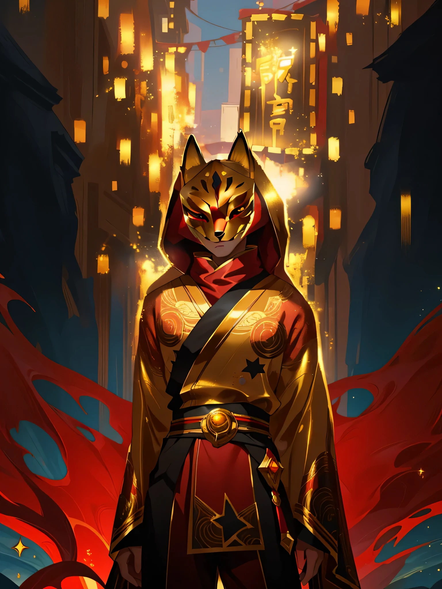 solo, female, humanoid, (detailed cloth, stars, body), (brown fur, majestic print), (black body), white mask, (gold decals), glowing eyes, fox mask, detailed mask, detailed face, detailed eyes, gold accessories detailed body, robes, detailed face, detailed eyes, red collar, red slack pants, gold markings, sash, gold trimming, red undershirt, red shirt, full body, league of legends splash art, official splash art, riot games concept art, arcana skin, splash art, gold stars, gold decal,