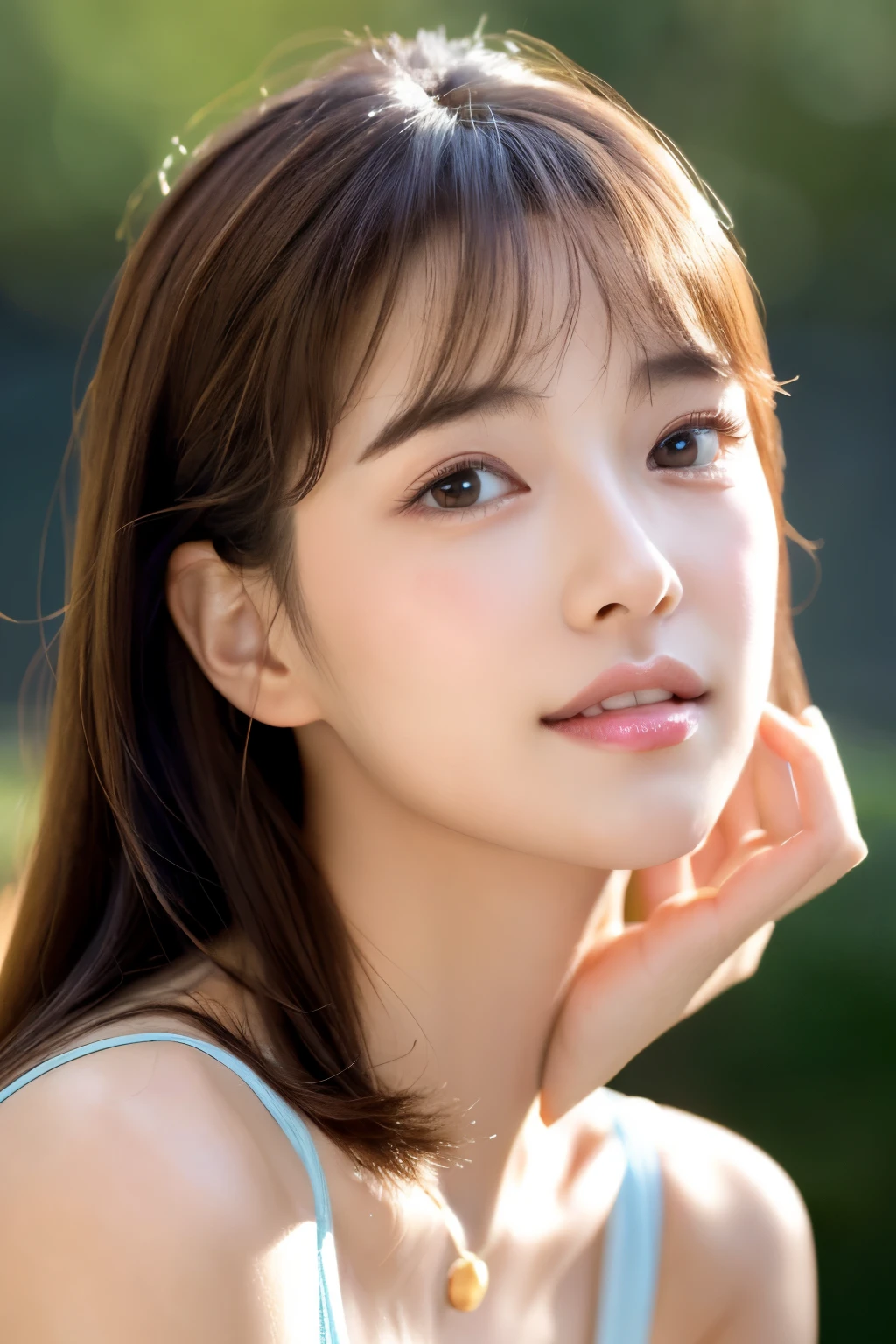 1 girl、1 piece、Photo quality、authentic texture、きめ細かいbeautiful skin、masterpiece、Japanese、very young cute woman、(the cutest girl in the world)、face becomes smaller、Clear and beautiful eyes、summer sunshine、big and full breasts、thin necklace、Easygoing、glamorous look、super cute face、glossy lips、double eyelids in both eyes、 natural makeup、long eyelashes、shiny smooth light brown hair、bangs、ponytail、非対称のbangs、center image、advanced details、detailed hairstyle、detailed face、great movie lighting、octane rendering、vibrant、Super realistic、perfect limbs、sports beauty、tennis wear、supple limbs、perfect anatomy、perfect beautiful girl、21 years old、kind、Obedient、dimples、elegant and noble、princess、Healthy and beautiful、beautiful skin、small nose、nose tip pointing upwards、ponytail、Rin々Eyebrows that are beautiful but not thick、glossy lips、strong and big eyes、kind笑顔、kind笑顔、F cup、easy to get used to、Erotic、white teeth、Good teeth alignment、small lower jaw、European half、Eastern European、seems kind、tear bags are not noticeable、white skin、Approachable、sophisticated appearance、bright personality、popular person、Lofty dream