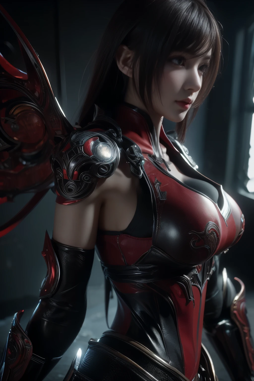 Masterpiece,Game art,The best picture quality,Highest resolution,8K,(A bust photograph),(Portrait),(Head close-up),(Rule of thirds),Unreal Engine 5 rendering works,(Digital Photography),
20 year old girl,Short hair details,With long bangs,The red eye makeup is very meticulous,(Short White Hair,Fiery red eyes),(Large, full breasts),
(A combat suit that combines fantasy and science fiction,Chinese ancient style clothing combined with sci-fi elements,Shoulder pads,Hollow design,The Devil's Crown,Metallic texture,Cloak),Valkyrie in the world of cyberpunk,Grey background,
Movie lights,Ray tracing,Game CG,((3D Unreal Engine)),oc render reflection texture