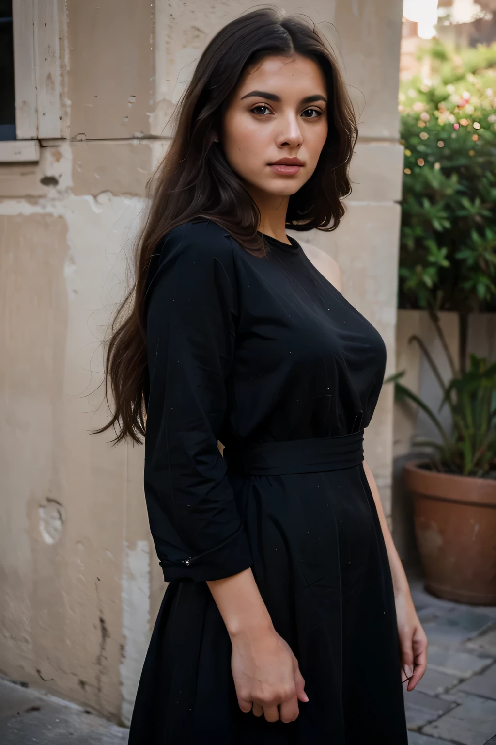 Hyper-realistic, photography, real life girl ((best quality)), ((masterpiece)), (detailed), analog style, model photography style, RAW, perfect face. Hyper-realistic sexy girl, Mexican Greek, brunette, wearing a beautiful long black dress.