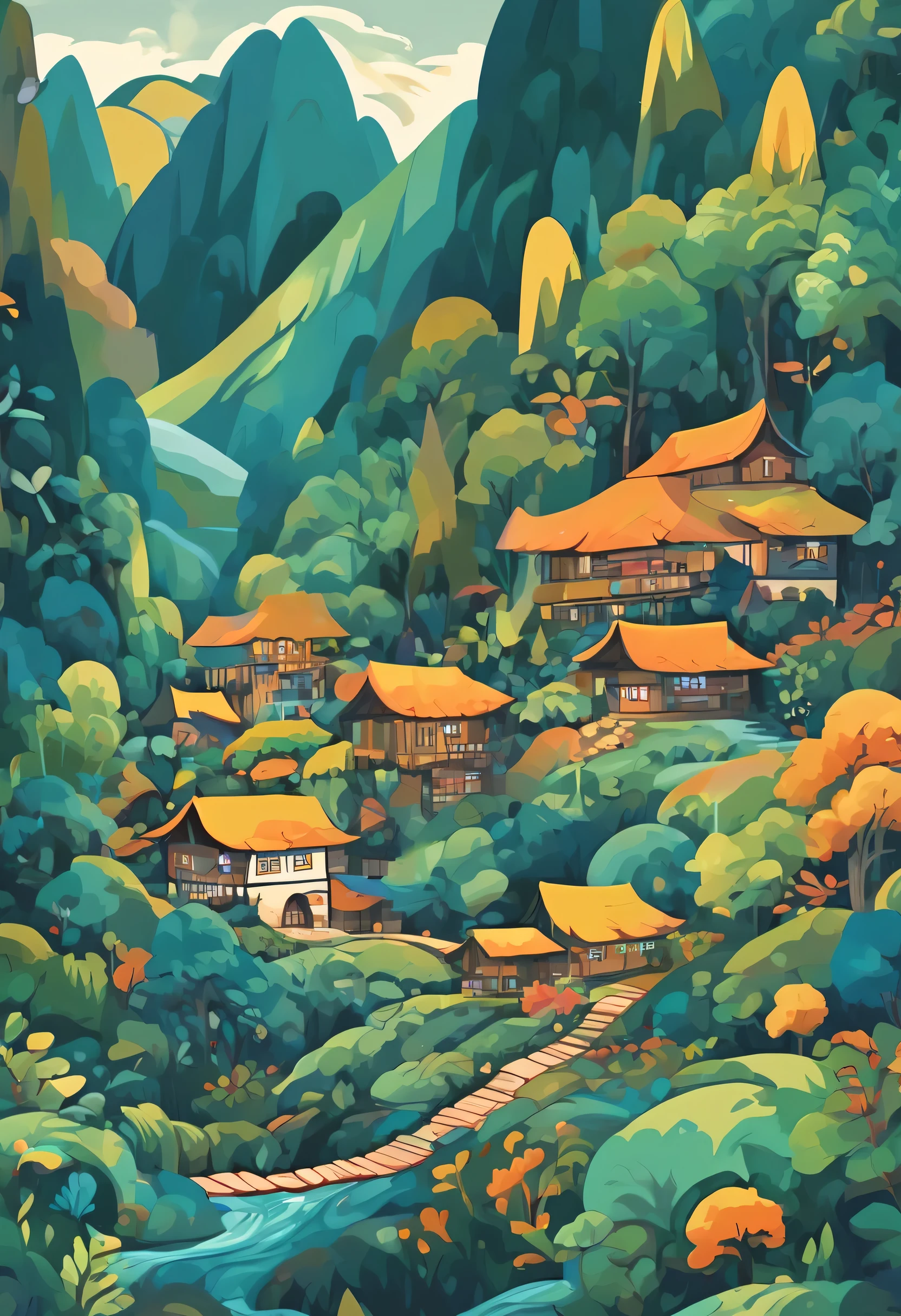 Abstract style forest, mountain, river, house . Non-representational, colors and shapes, expression of feelings, imaginative, highly detailed