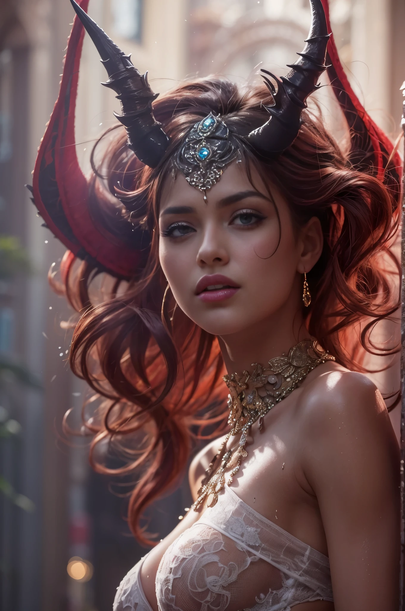 (((Masterpiece, best quality, HDR, realistic, hyper detailed, cinematic, perfect perspective, ray tracing, photo, realistic photography, seductive lighting, full body, realistic proportions, realistic anatomy, realistic woman))), (((beautiful devil woman, she has red color skin:1.2, she has two small devil horns, she has a tail, sweaty wet skin))), (sensual pose, seductive expression), (realistic perfect body, perfect face, perfect legs, perfect hands, perfect fingers, perfect eyes, dark hair)