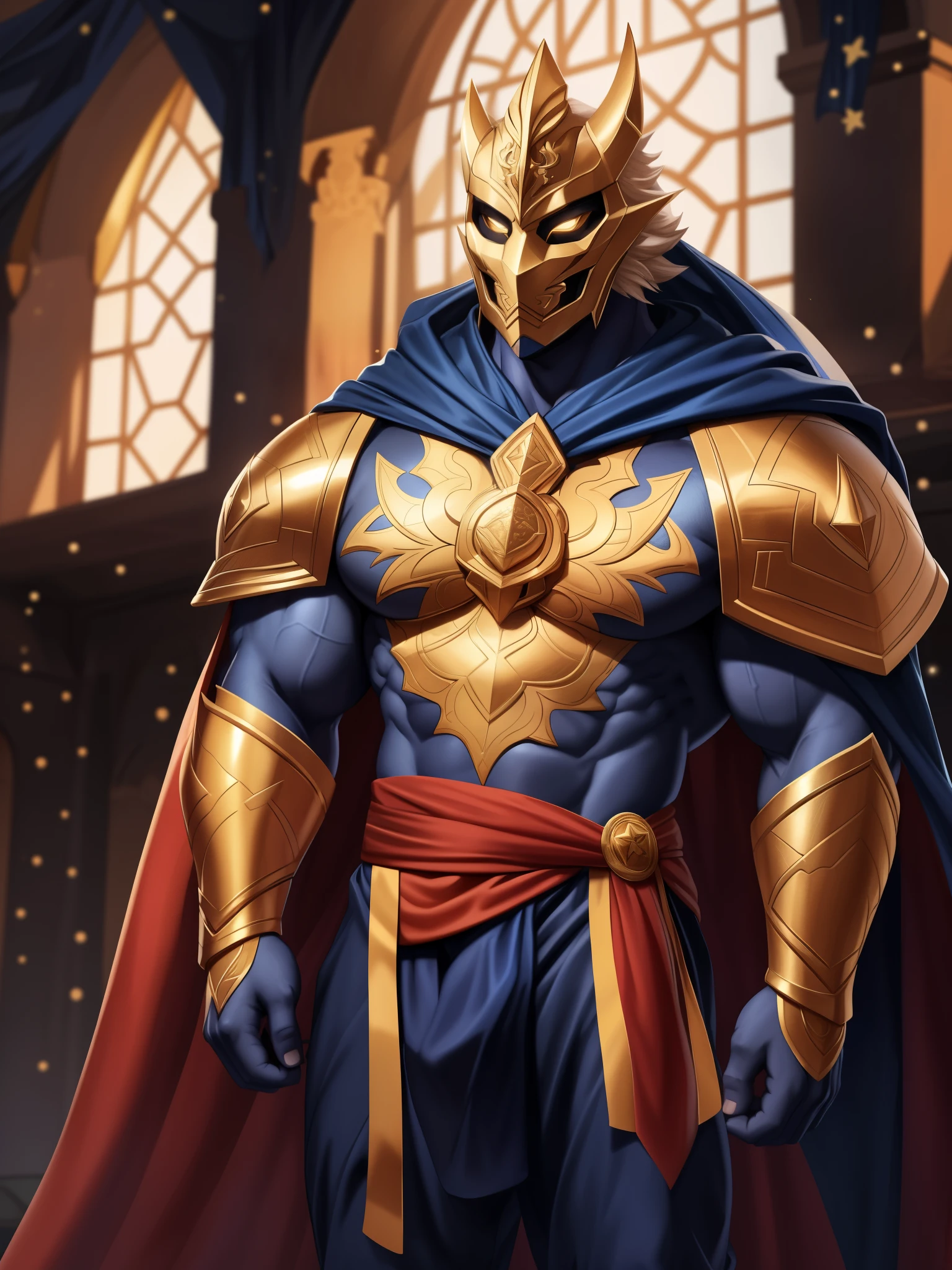 solo, male, humanoid, ((detailed cloth, stars, muscular body)), (brown fur, majestic print), ((black body)), white mask, (gold helmet), glowing eyes, Dragon mask, detailed teeth, detailed face, detailed fluffy fur, detailed face, detailed eyes, gold accessories detailed body, robes, armor, detailed face, detailed eyes, dark blue slack pants, sash, gold trimming, armor, red undershirt, red shirt, full body, splash art, official splash art, arcana skin, splash art, (masterpiece, high quality, hi-res,8k), standing, close-view portrait, looking at viewer, indoor, happy expression, day, smirk, dynamic pose,
