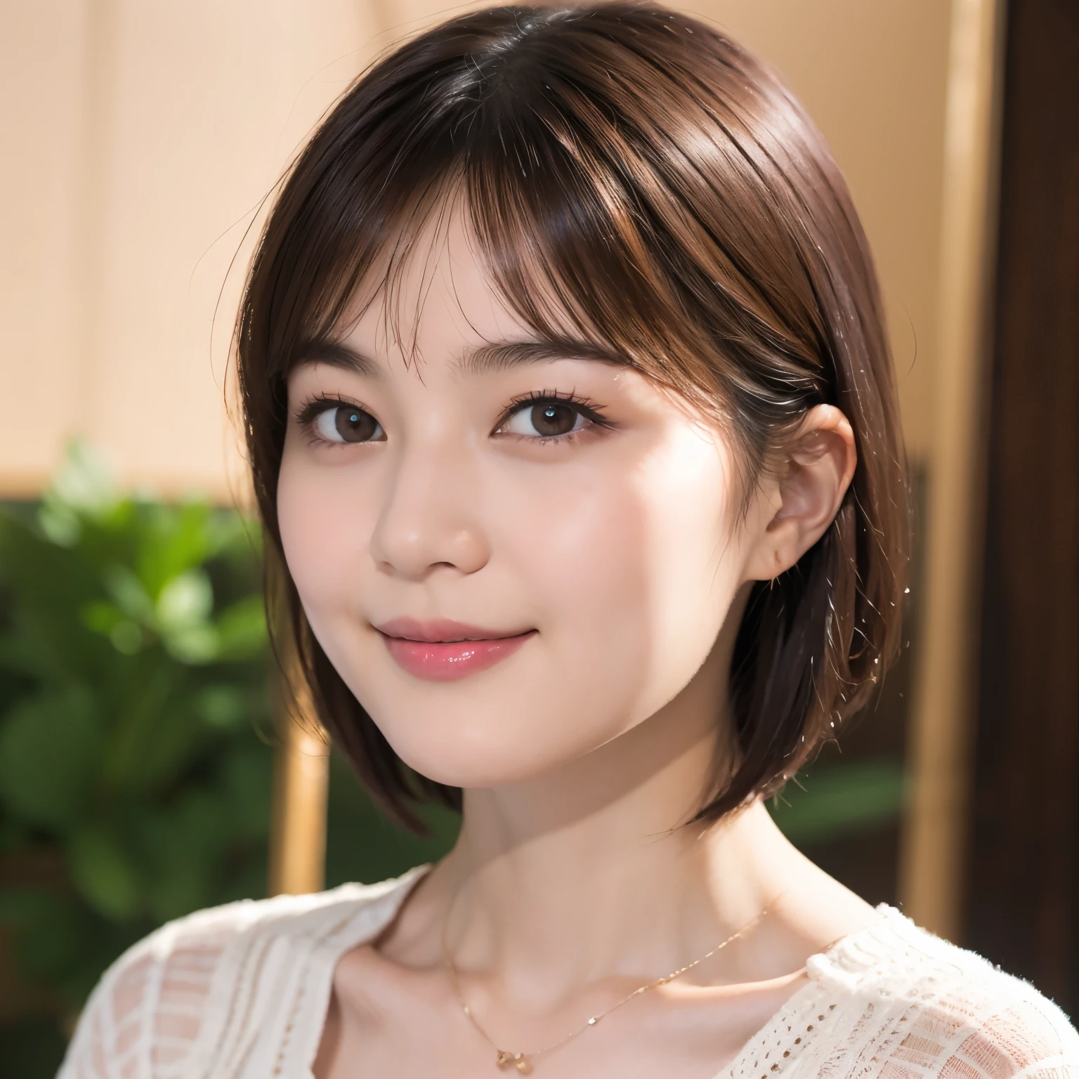 Beautiful 30 year old Japanese woman、Close-up photo with focus on face、Short Bob Cut、Dark brown eyes、Detailed Eyes、Detailed iris、Detailed face、Brown Hair Color、Beautiful Hair、Big smile (Facing the viewer)、Off-the-shoulder T-shirt、Perfect Makeup、eye shadow、Eyeliner、False eyelashes、Shooting in front of the door、Portrait、Exquisite details、Depth of written boundary、(Detailed face: 1.2)、(Detailed Eyes: 1.2)、(Detailed background)、(Gradation)、Shiny skin、Sharp focus、8k、uhd、high quality、Exquisite details、Very detailed、Captivating silhouette、(Very beautiful face: 1.2)、Facing the viewer、Mature Woman、Mature Woman、((Center image))、detailed、masterpiece、