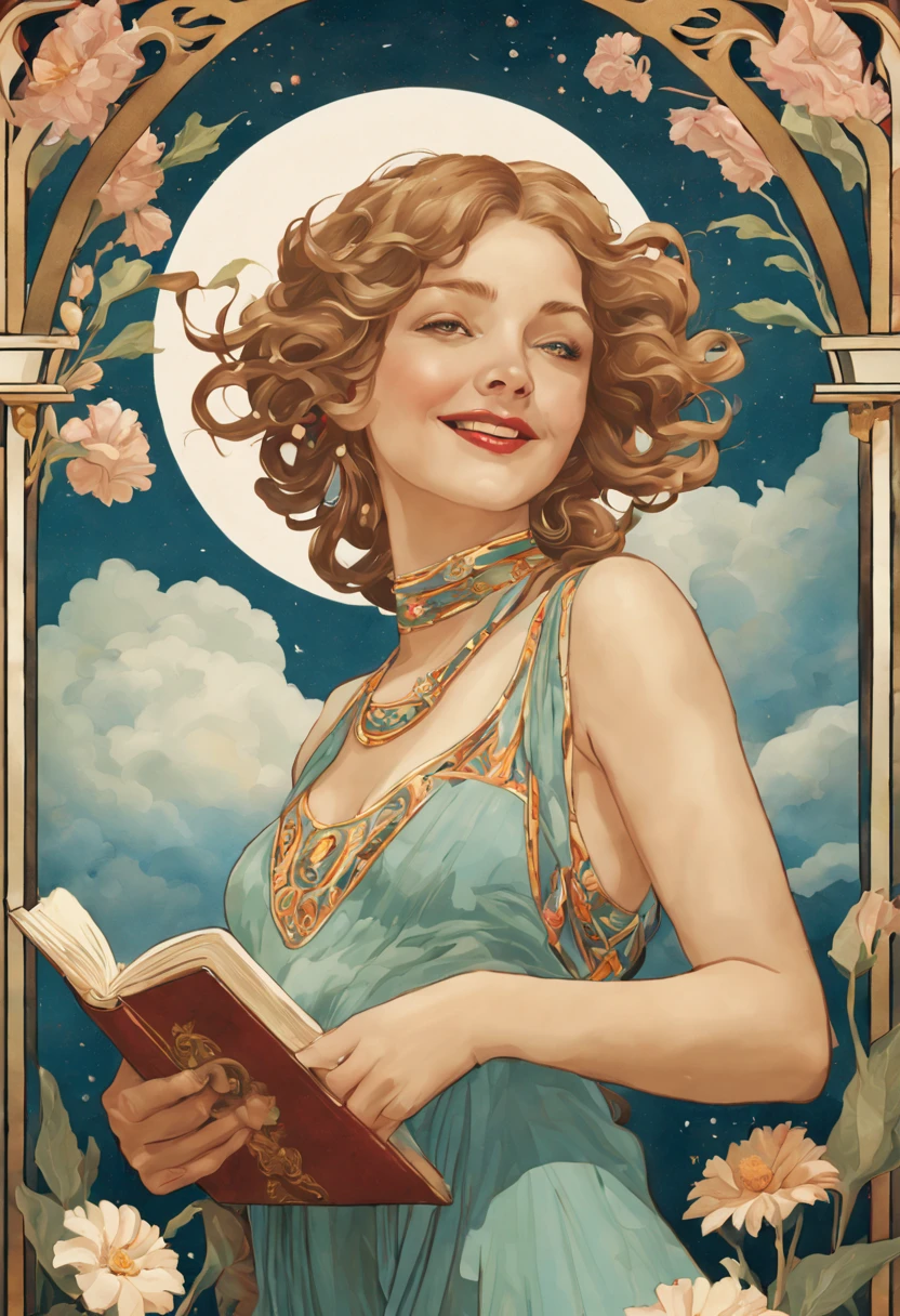 heaven, heaven, light, shine, happiness, bright smile, Sparkling, flowers, flower garden, Hello, cloud heaven, heaven, light, shine, happiness, bright smile, Sparkling, flowers, flower garden, Hello, 雲 Close-up of a poster of a woman holding a book, Art deco painting by Rubin Borgin, deviant, art nouveau, art nouveau tarot style, art nouveau tarot, Alphonse Mucha, Flat Shading Mucha, art nouveau card, sam guay, in art nouveau style, art nouveau illustration, art nouveau portrait, new art, Alsphons, Contains no sexual elements