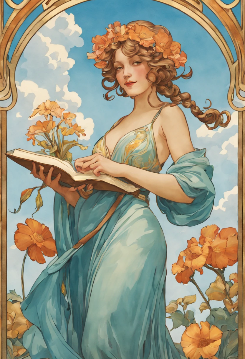 heaven, heaven, light, shine, happiness, bright smile, Sparkling, flowers, flower garden, Hello, cloud heaven, heaven, light, shine, happiness, bright smile, Sparkling, flowers, flower garden, Hello, 雲 Close-up of a poster of a woman holding a book, Art deco painting by Rubin Borgin, deviant, art nouveau, art nouveau tarot style, art nouveau tarot, Alphonse Mucha, Flat Shading Mucha, art nouveau card, sam guay, in art nouveau style, art nouveau illustration, art nouveau portrait, new art, Alsphons, Contains no sexual elements
