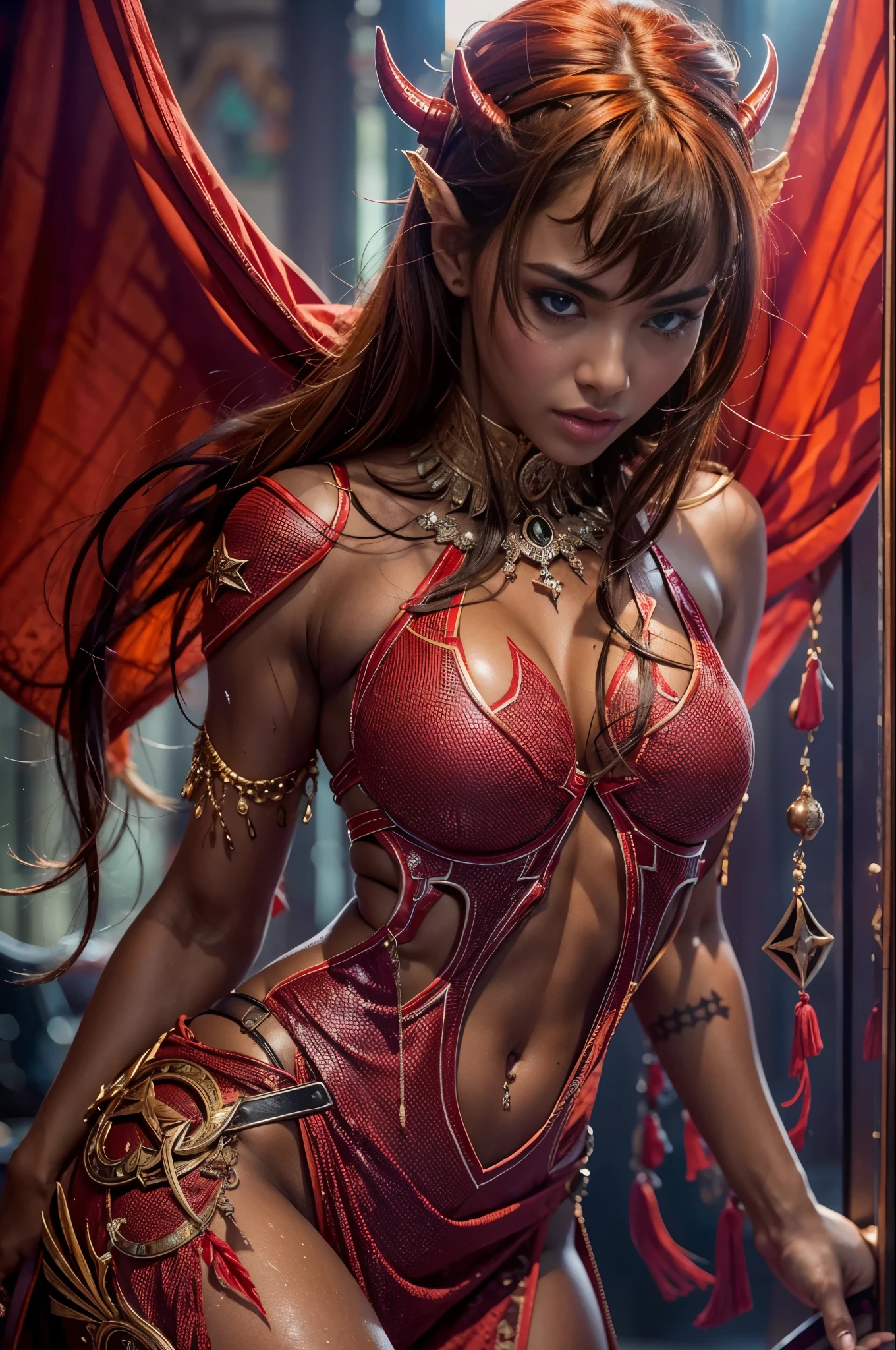(((Masterpiece, best quality, HDR, realistic, hyper detailed, cinematic, perfect perspective, ray tracing, photo, realistic photography, seductive lighting, full body, realistic proportions, realistic anatomy, realistic woman))), (((beautiful devil woman, she has red color skin:1.2, she has two small devil horns, she has a tail, sweaty wet skin))), (sensual pose, seductive expression), (realistic perfect body, perfect face, perfect legs, perfect hands, perfect fingers, perfect eyes, dark hair)