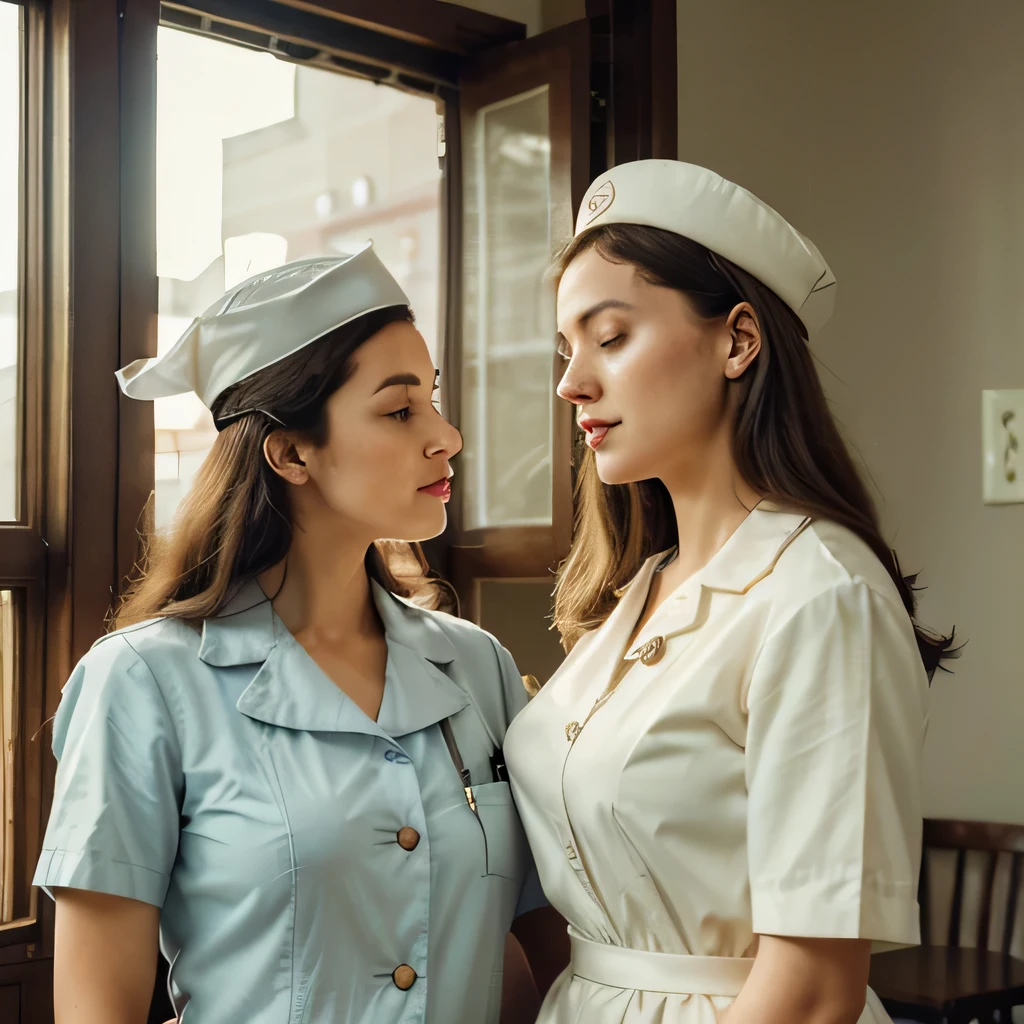 nurse,nurse in traditional uniform,caring,resilient gaze,historical,1940s,old-fashioned,hospital setting,antique,symbolizing hope,symbolizing courage,vintage atmosphere,warm colors,soft lighting,detailed face,old-fashioned hat,retro dress,old-fashioned accessories,plaster walls,vintage furniture,aged equipment,wooden floors,tall windows,filtered sunlight,calm and peaceful surroundings,beloved profession,dedicated healthcare,helping others,compassion for patients,serene expression,graceful posture,well-maintained appearance,traditional healthcare values,timeless beauty,time-honored,sign of tranquility,shining beacon of hope,positivity and strength,robust character,resolute demeanor,a ray of light in dark times,vivid portrayal of compassion and resilience