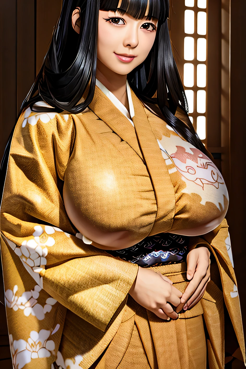 (8k, RAW photo, highest quality, masterpiece: 1.2),(long black hair,dull bangs),24 year old Japanese woman,beautiful face,(half closed eyes),(grin and laugh:1.0),((kimono:1.6)),((huge breasts:1.9)),(thin waist:1.5),cowboy shot,Japanese style room,Are standing,during the day,attractive pose