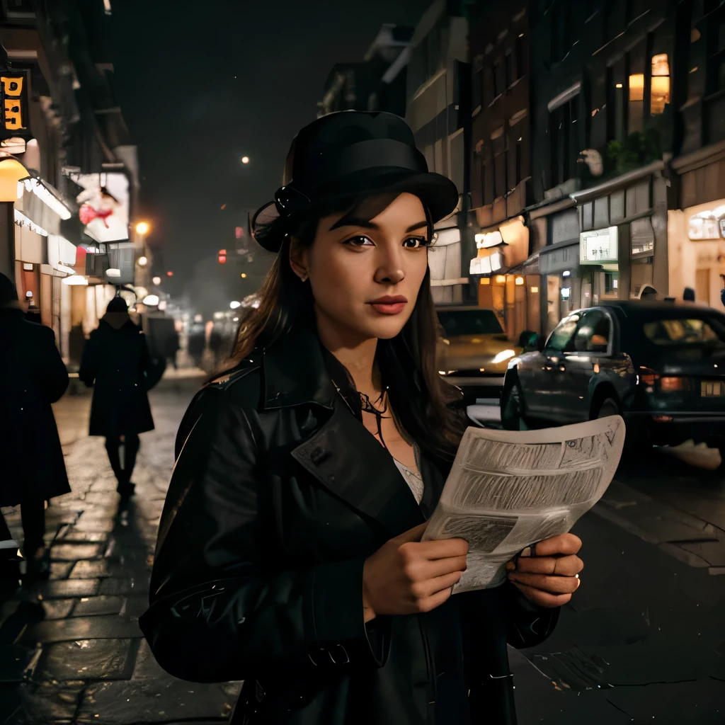 (best quality,4k,highres,masterpiece:1.2),ultra-detailed,realistic:1.37,A journalist from the 1940s,wearing a trench coat and fedora,holding a vintage camera,ready to capture the next big story,amidst a bustling city street,vibrant scenery,old-fashioned buildings,evocative atmosphere,cobblestone pavement,classic street lamps,light fog,glow of neon lights,shadows cast by passing cars,people in period clothing,hustle and bustle of the crowd,smoke rising from chimneys,signs and billboards advertising latest news,delicately falling snowflakes,streets lined with newspaper stands and vendors,streets covered in a golden hue from the streetlights,exquisite attention to facial expressions and details,gritty black and white,high contrast imagery,moody ambiance,depth of field highlighting the journalist as the central focus,determined expression on the journalist's face,exquisite attention to the texture of the trench coat and fedora,vintage camera with intricate details and mechanisms,reflection of the bustling cityscape in the journalist's camera lens,