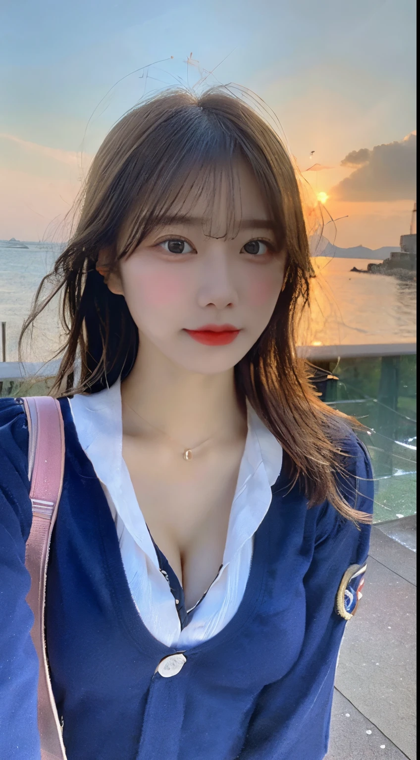 Woman with perfect style、Japanese high school girl、double eyelid、Breast augmentation、chest to chest、uniform、cleavage、bob、best image quality、Ocean、sunset