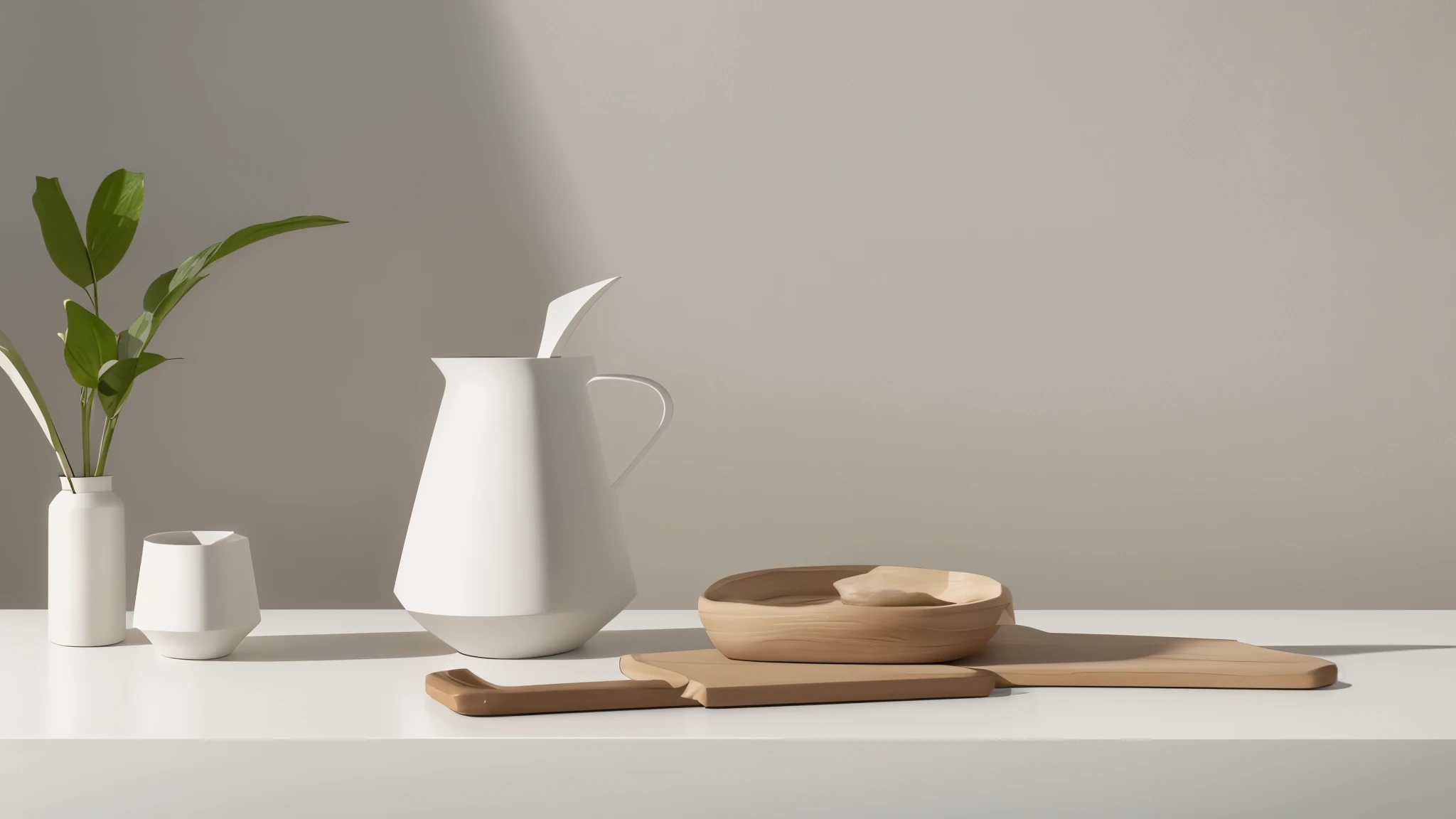 There is a table and a vase, cutting board, photographic rendering, Ultra-realistic rendering of details, Still life with white vase, Detailed architectural visualization renderings, Still life photo studio, Very detailed product photos, highly photographic rendering, hyper realistic rendering, Rendering in vray, Product design photography, semi-realistic rendering, Render with povray