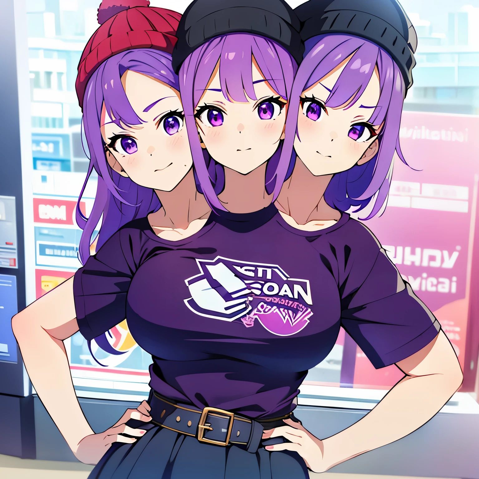(masterpiece),(ultra-detailed), (high quality), (high resolution), (best quality:1.5, highres, UHD), highres, absurd, ultra detail, ultra quality, Ultra resolution, 16k, ((2heads:1.5)), purple hair, different hairstyles, magenta violet eyes, casual wear, beanie hat, blue t shirt