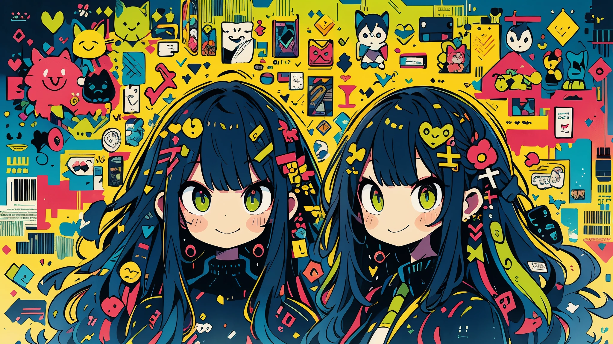 highest quality、super delicate、Highly detailed CG、super dense skin,be familiar with,dynamic lighting,detailed and beautiful eyes,I don't know,Smile,black long hair,green eyes,cat hair ornament, 1girl girl、stylish pose、From finger to mouth、head tilt、machine、electro、