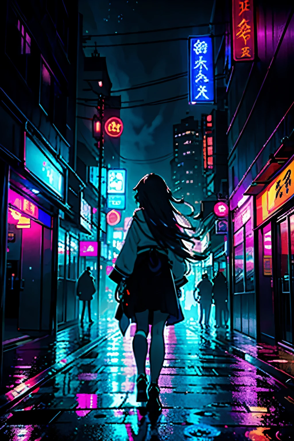 Metropolitan nightscape, a captivating anime-style scene with cinematic lighting (1.5) sweeping across the frame in an 16:9 aspect ratio. The cityscape is alive with vibrant neon lights, reflecting off the wet streets and shimmering buildings. The atmosphere is electric, filled with a sense of energy and excitement. Buildings loom tall in the background, their windows casting intriguing shadows on the pavement below. In the foreground, a girl dressed in traditional anime attire stands, looking up at the night sky with a sense of wonder and awe. Her long, flowing hair catches the light, making it seem as if it's made of pure