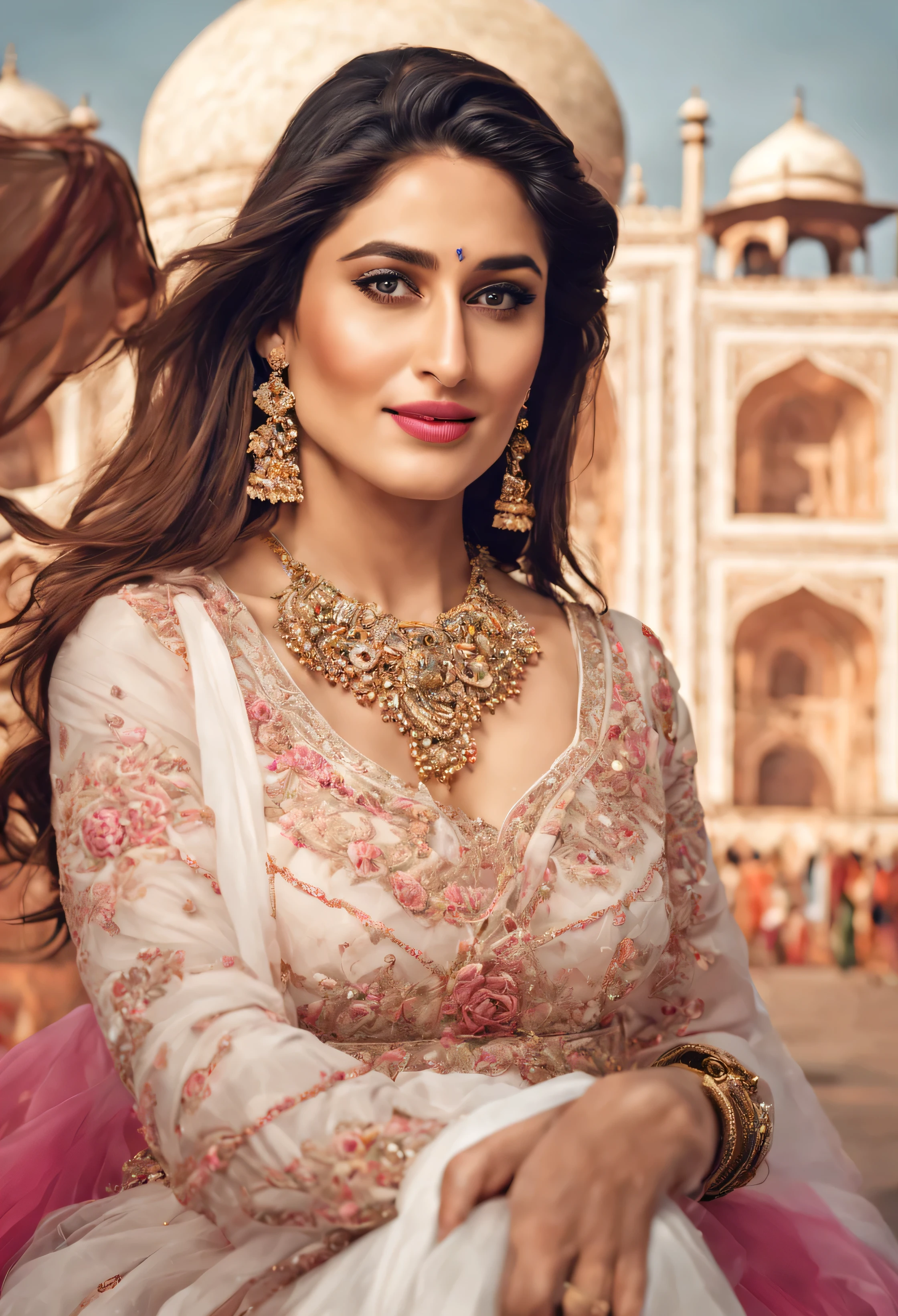 Master Pease , Full portrait of a 25 year most beautiful very busty women sitting at the Taj Mahal ,hd details,hd render,realistic,hyper realistic,photograph,wearing indian shari, with beautifull smile and and with gucchi hand bag a her one hand on BMW car door,the photo is high realistic and in a day light with long pink white hair in white dress wearing a neckless ,photo whith indian actress kareena kapoor which look most gorgeous the photo is more and more realistic and with iphone model in hand