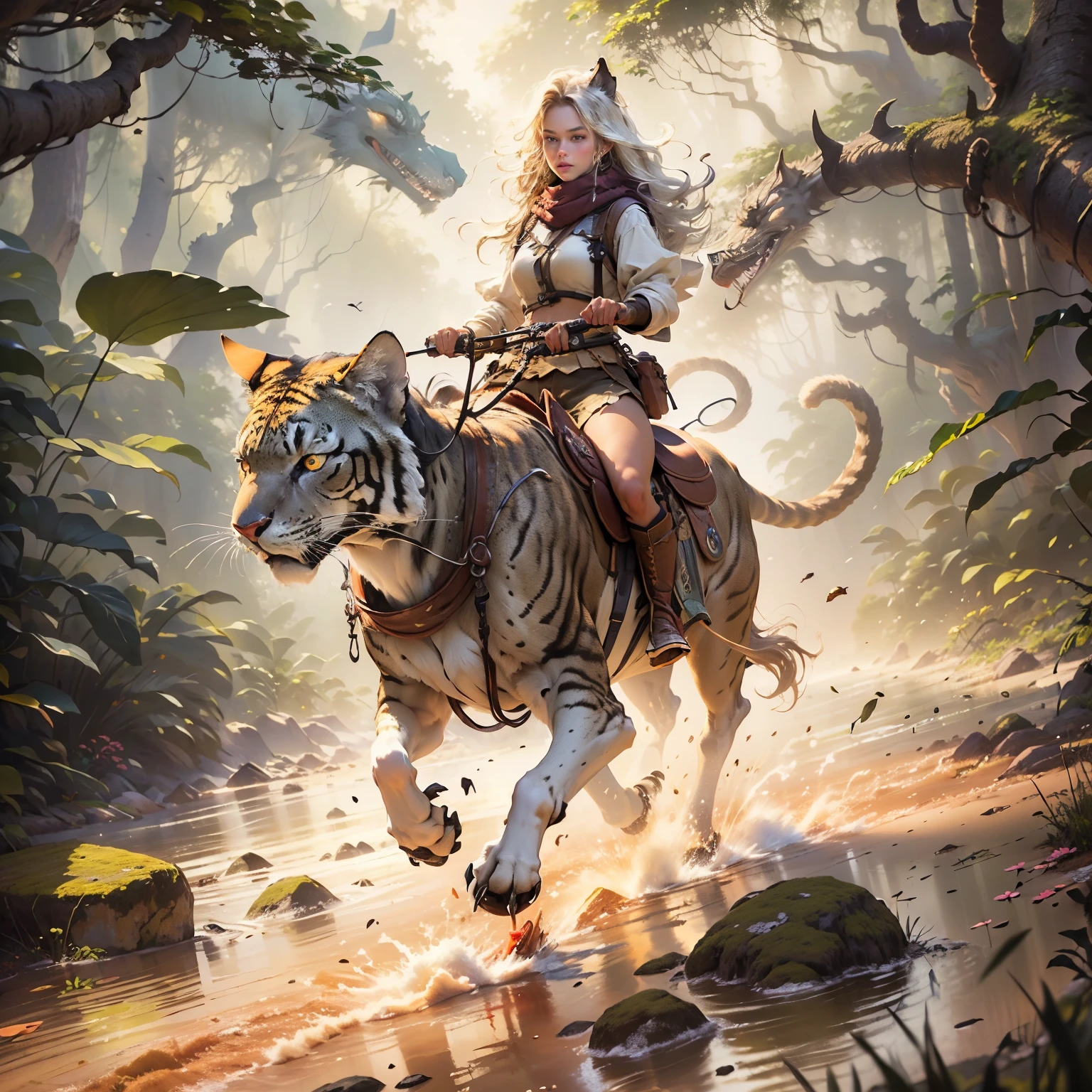 (Best quality:1.33), (Masterpiece:1.42), (realisticlying:1.24), (Detailed:1.15), 1girll, Riding a wild prehistoric cat, Dense jungle, mystical ambiance, Feel the power of nature, Exploration and adventurous spirit