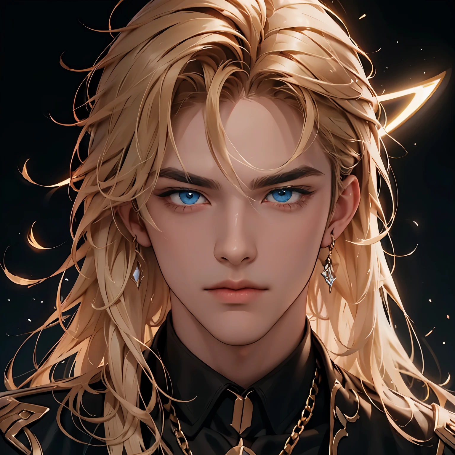  Highest quality portrait of an attractive guy . blond long hair , Blue eyes, Halo, Male, Black background, high facial detail. photo portrait of a handsome boy !