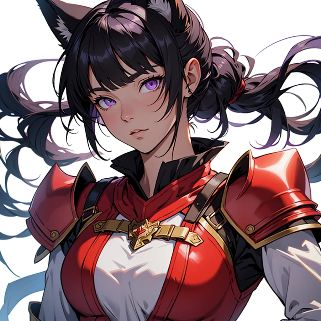 medieval anime art, masterpiece, best quality, by professional artist, female, solo, upper body portrait, detailed composition, detailed eyes, (((white background))), black hair, ponytail, bangs, fox ears, purple eyes, , wearing red and yellow armor