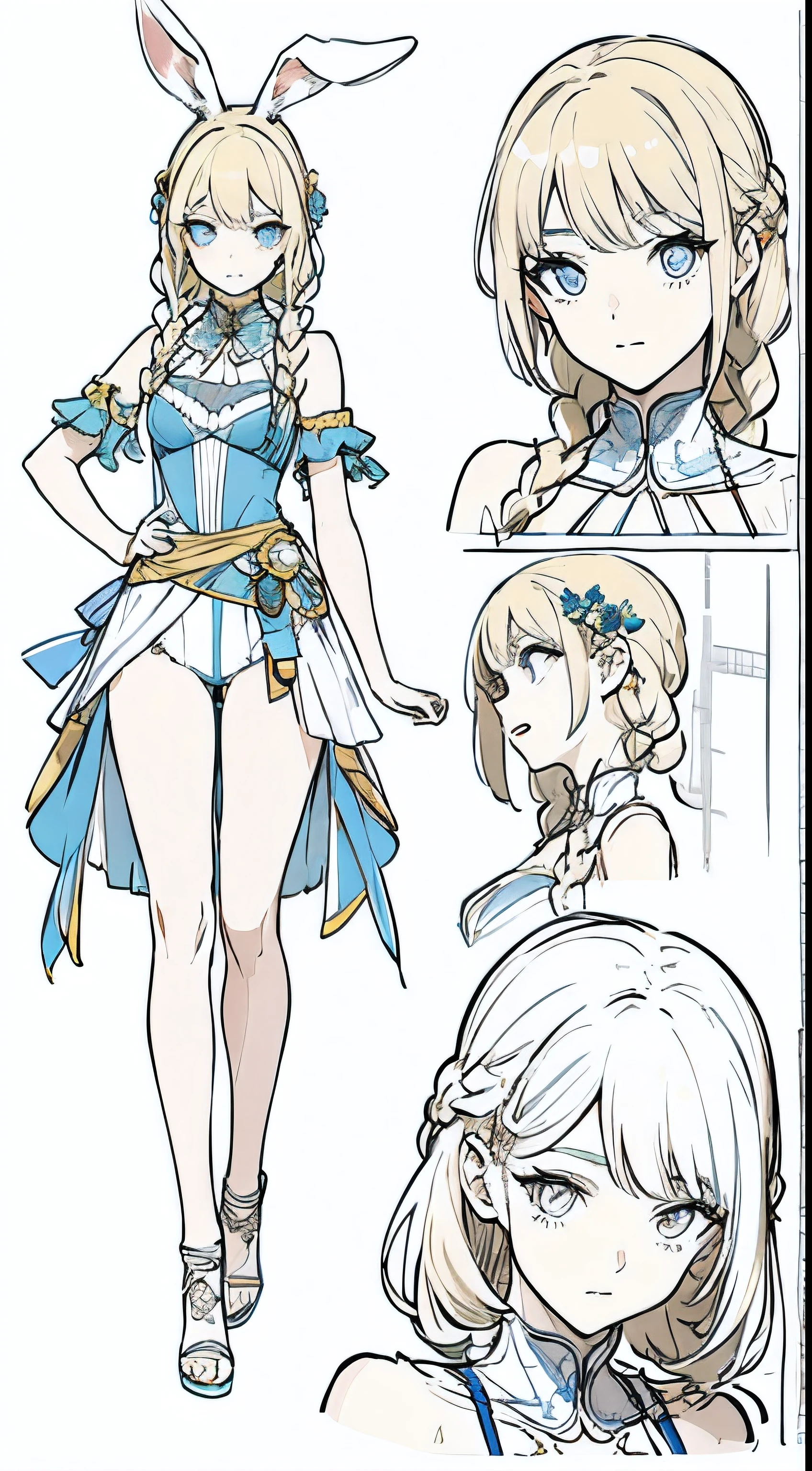 Rabbit ears, squadron, squadron costume, 80s fashion, Urban popular colors, (character design sheet, front, Back, side, same characters), Background is simple, braid, small, lady boy, thick eyebrows, thin waist, beautiful blonde, braid, (masterpiece), ((best quality)), (super detailed), girl, (beautiful eyes)), beautiful and delicate eyes, Clean and delicate face, five fingers, Textile shading, perfect anatomy,