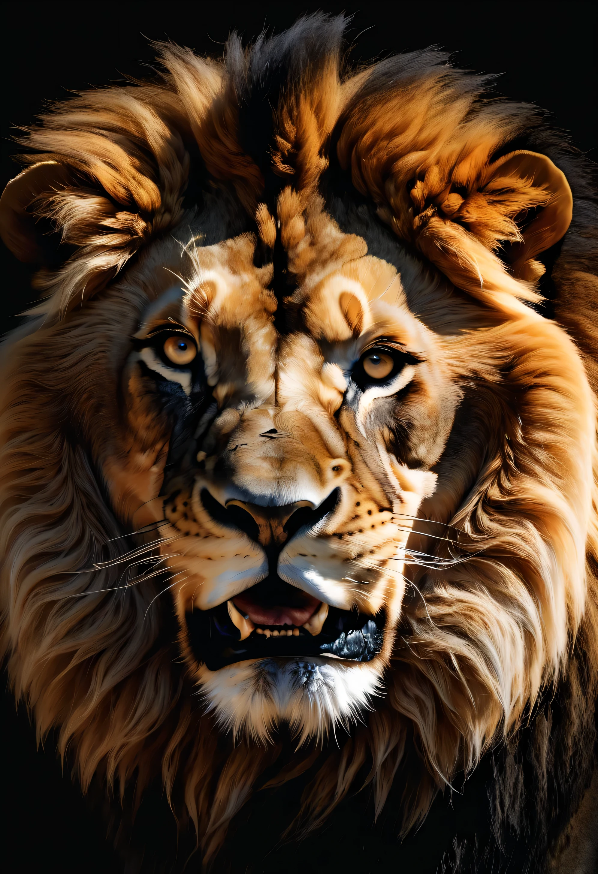 Ultra-realistic and captivating shot of a roaring lion in chiaroscuro, big, extreme details, looking at the viewer,