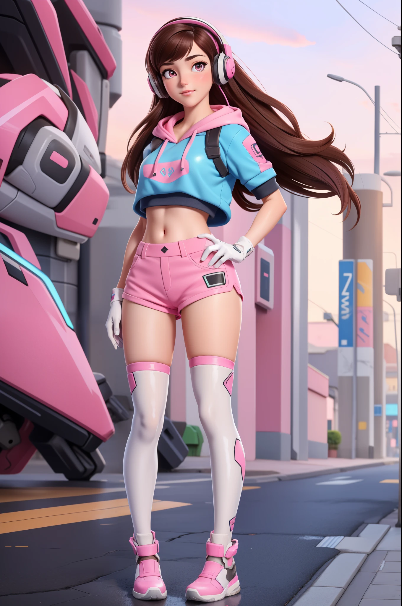 Masterpiece, Best Quality, High Resolution, 1Girl, Ultra High Resolution, Solo D.VA, Headphones, Pink eyes, Brown Hair, White Gloves, Face Decoration, Full Body Shot, Cute, Realistic, Cute Pose, Perfect Body, Cyber Punk background, wet street, Crop Top Hoodie, Latex Short Shorts