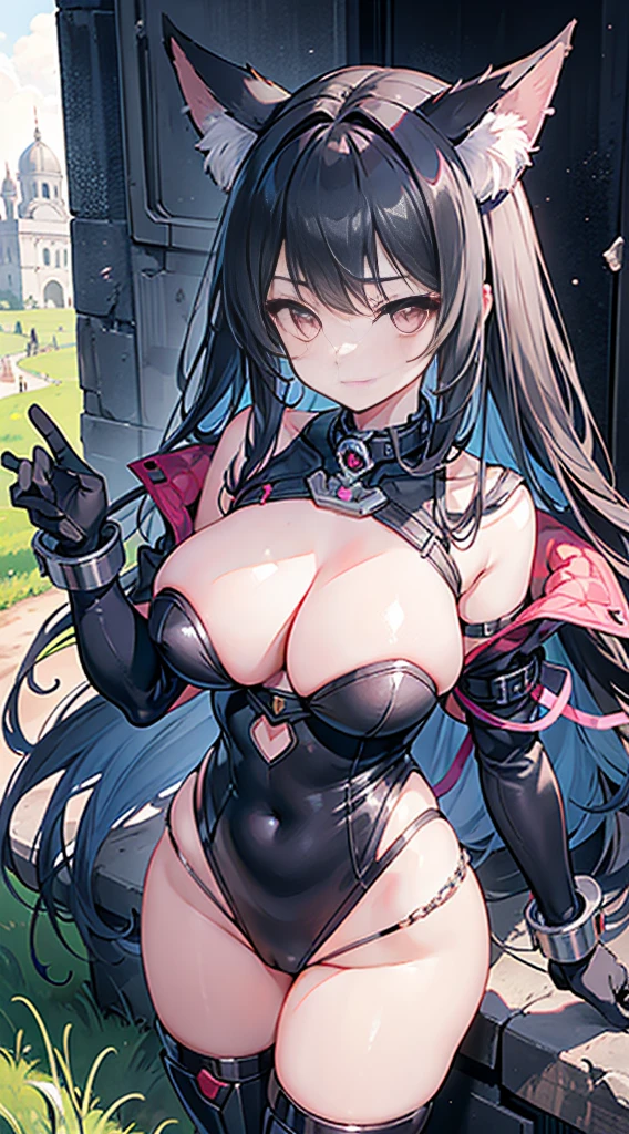 high quality, masterpiece, Super detailed, 1 girl,  Extremely detailed faces,A steel plate is installed on the chest，Wearing a mecha，Mechanically constituted，BDSM,handcuffs，collar，calm expression,Smile，handcuffs，collar，long black hair, charming pink eyes, fox ears, Ridiculously big, shiny skin, bright ruins，grassland，