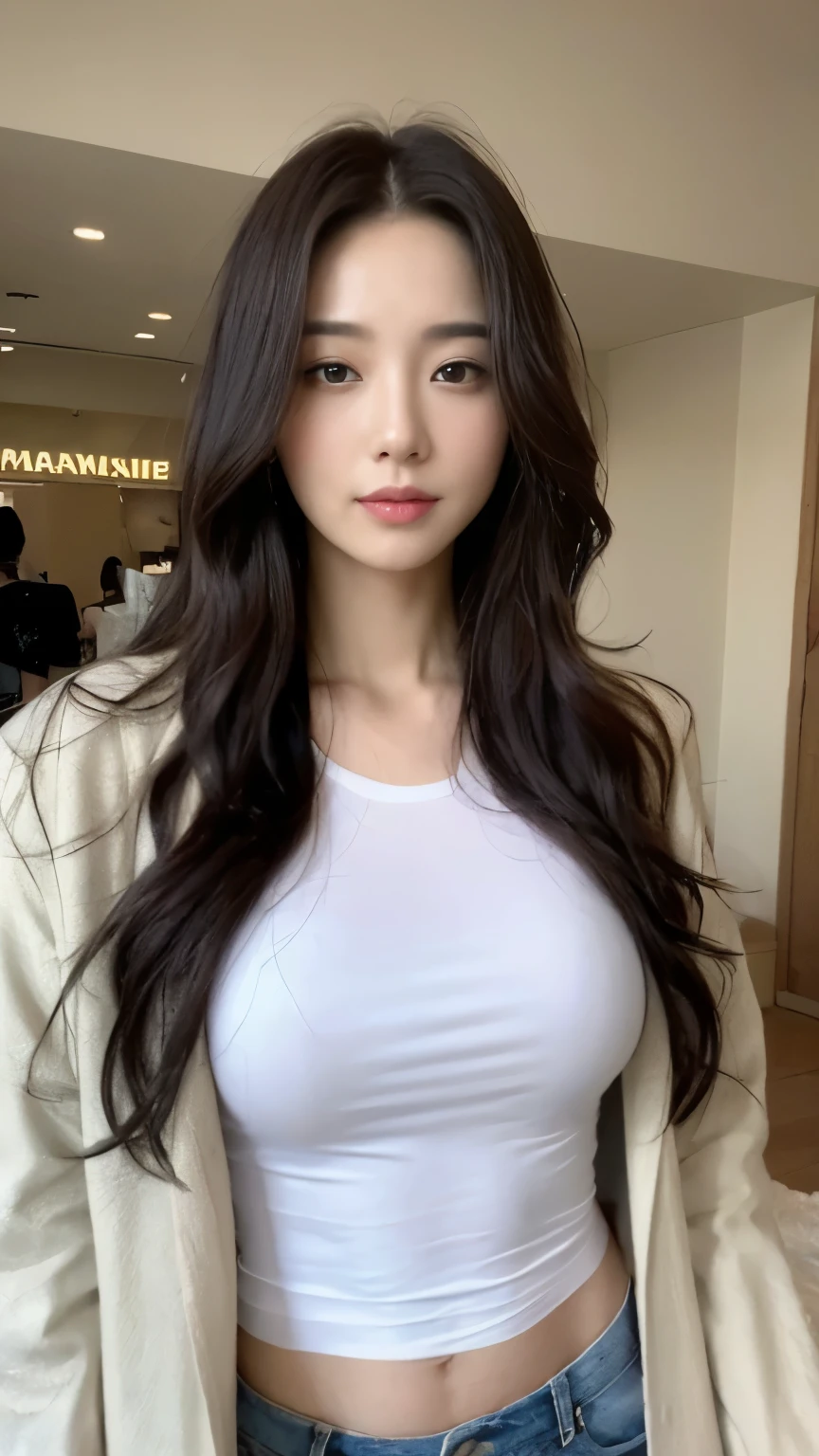 ((top-quality、8k、masterpiece:1.3))、Beautiful woman with perfect body:1.4、slim abdomen:1.2、Longhair, normal breast, Highly detailed facial and skin texture, A detailed eye, delicate eyes, double eyelid, (smile), (full body shot), ((shopping mall)), (standing), (((wearing white t-shirt with jacket)), looking in front
