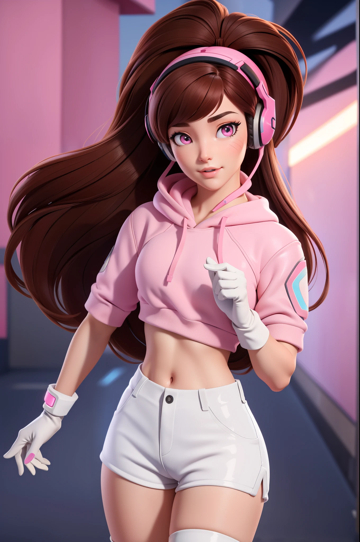 Masterpiece, Best Quality, High Resolution, 1Girl, Ultra High Resolution, Solo D.VA, Headphones, Pink eyes, Brown Hair, White Gloves, Face Decoration, Full Body Shot, Cute, Realistic, Cute Pose, Perfect Body, Cyber Punk background, wet street, Crop Top Hoodie, Latex Short Shorts, nsfw, cum