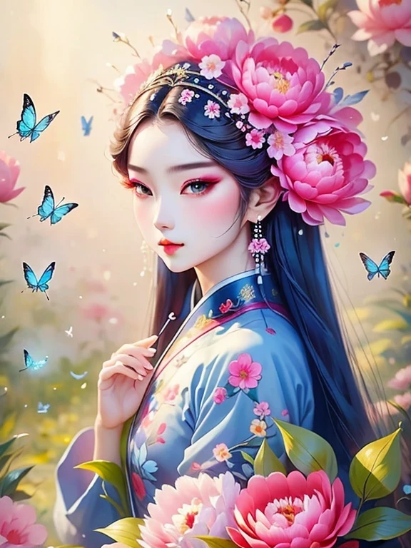 (masterpiece, best quality:1.2，lifelike：1.37), ancient，Chinese style illustration：（1 girl，broken into pieces，portrait ），Exquisite facial features，Detailed drawing of eyes，eyelash，blush，long hair，Exquisite makeup，There are beautiful pearls on the head，blue华丽的汉服，Garden background blurred，simple，glowing butterfly，blue：1.37，huge peony flower：1.37