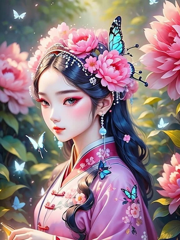 (masterpiece, best quality:1.2,lifelike:1.37), ancient,Chinese style illustration:(1 girl,broken into pieces,portrait ),Exquisite facial features,Detailed drawing of eyes,eyelash,blush,long hair,Exquisite makeup,There are beautiful pearls on the head,blue华丽的汉服,Garden background blurred,simple,glowing butterfly,blue:1.37,huge peony flower:1.37