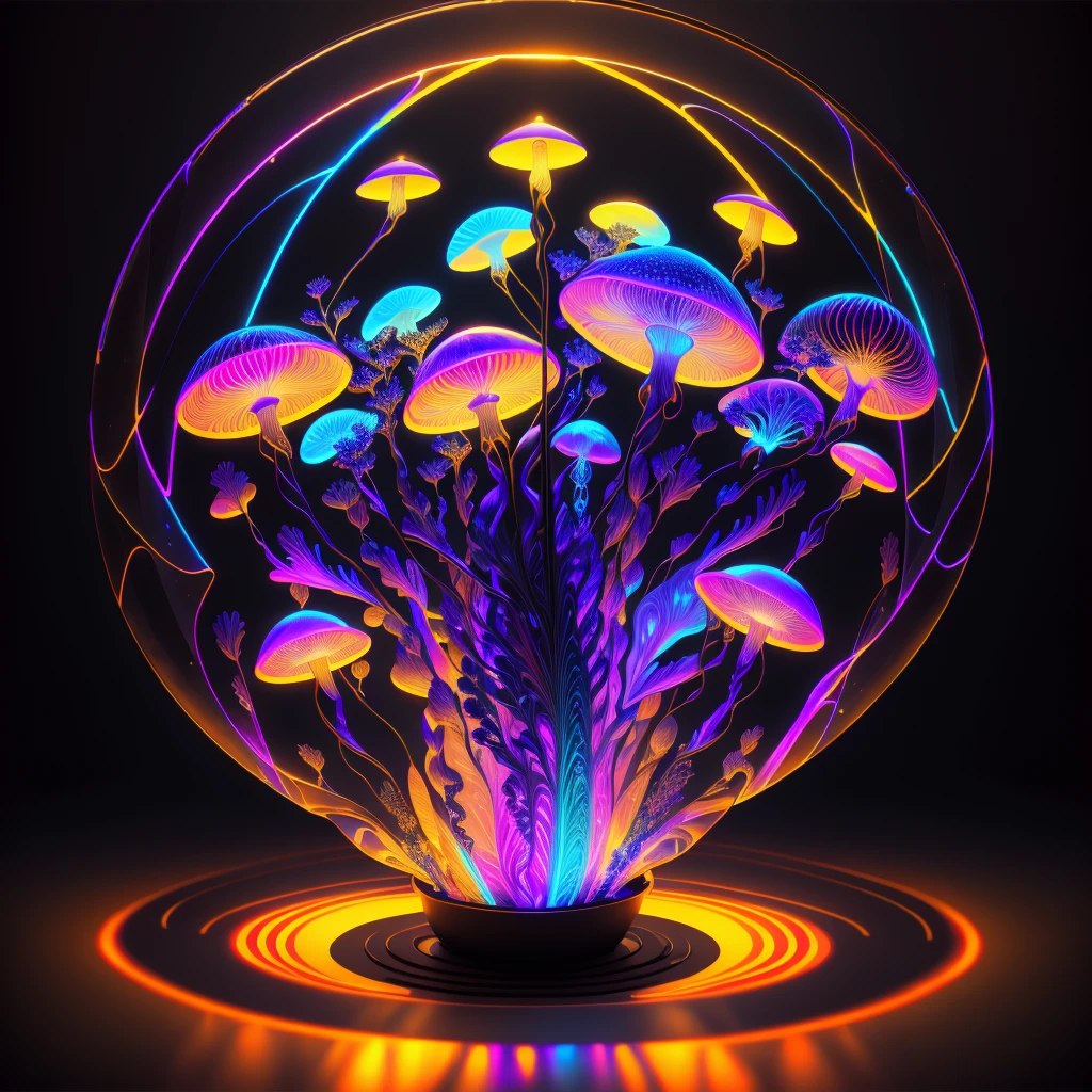 High Resolution, High Quality, Masterpiece . BlackLight art. a Two CYANEA CAPILLATA jellyfish in a round neon light bulb. a luminous psychedelic miracle, Rim lighting neon .the fins and silhouette are covered with mysterious luminescence, an octane render that enhances the hyperrealistic intricacy of its shape. The background is the deep saturated darkness of the ocean., neon ambiance, abstract black oil,  detailed acrylic, grunge, intricate complexity, rendered in unreal engine, photorealistic. 32k .auras, rays, vivid colors reflects. Dramatic lighting, 