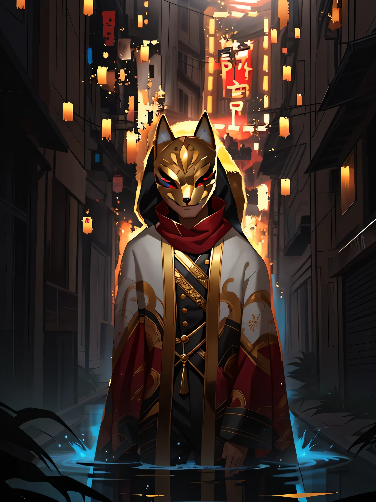 solo, male, humanoid, (detailed cloth, stars, body), (brown fur, majestic print), (black body), white mask, (gold decals), glowing eyes, fox mask, detailed mask, detailed face, detailed eyes, gold accessories detailed body, robes, detailed face, detailed eyes, red collar, red slack pants, gold markings, sash, gold trimming, red undershirt, red shirt, full body, league of legends splash art, official splash art, riot games concept art, arcana skin, splash art, gold stars, gold decal,