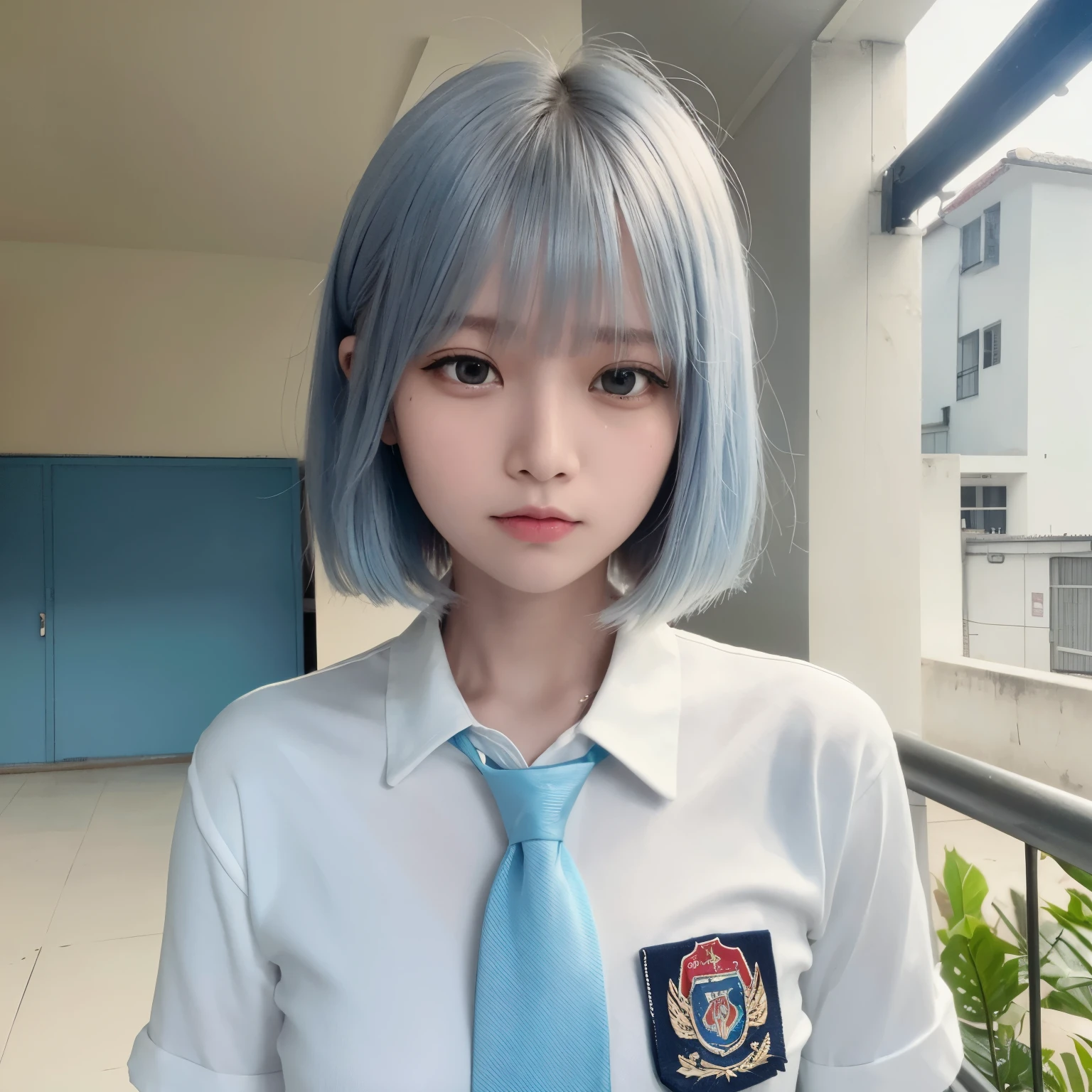 best quality, ultra high res, (photorealistic1.4), 1girl, (white shirt), (light blue necktie), (light blue short hair:1.3), bangs, red eyes, ((puffy eyes)), ((upper body)), (((looking at viewer))), ((closeup)), wearing indonesian high school uniform, indo highschool uniform,