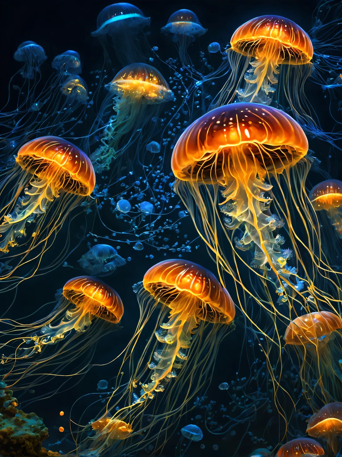 Neural network art, Highly accurate and clear image of the night hero from the world of neural networks, worlds of neural networks, neural network hero, the night hero of another world surrounded by neural jellyfish, neural jellyfish, Glowing jellyfish, more details, shadow and glow, filigree craftsmanship, Beautiful image, High detail