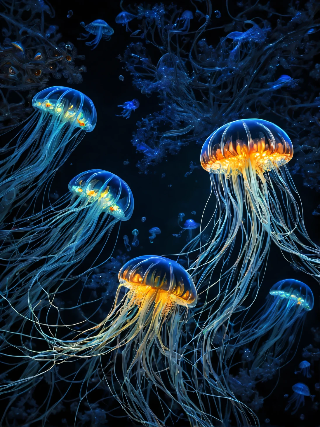 Nikon W300 underwater photography in the ocean, very beautiful unusual jellyfish, never known before, the jellyfish has neural network structures and glowing internal elements, folded into intricate, bizarre shapes made of very fine lines., filigree, the jellyfish combines with the azure ocean water and stands out in contrast against its background, Professional photography, A high resolution, High detail. A high resolution, depth of field