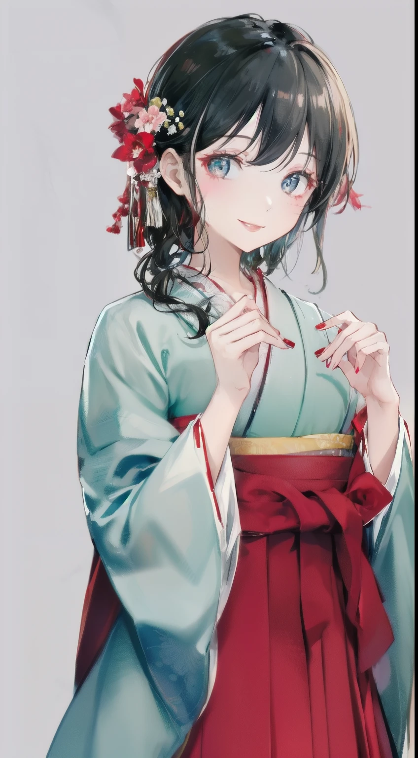 highest resolution、An illustration、1 girl、beautiful face、cute、white background、2D、Upper body、Hakama、Her straight black hair is half-up.、red lipstick、smiling shyly、graduation ceremony、gray eyes、beautiful eyes
