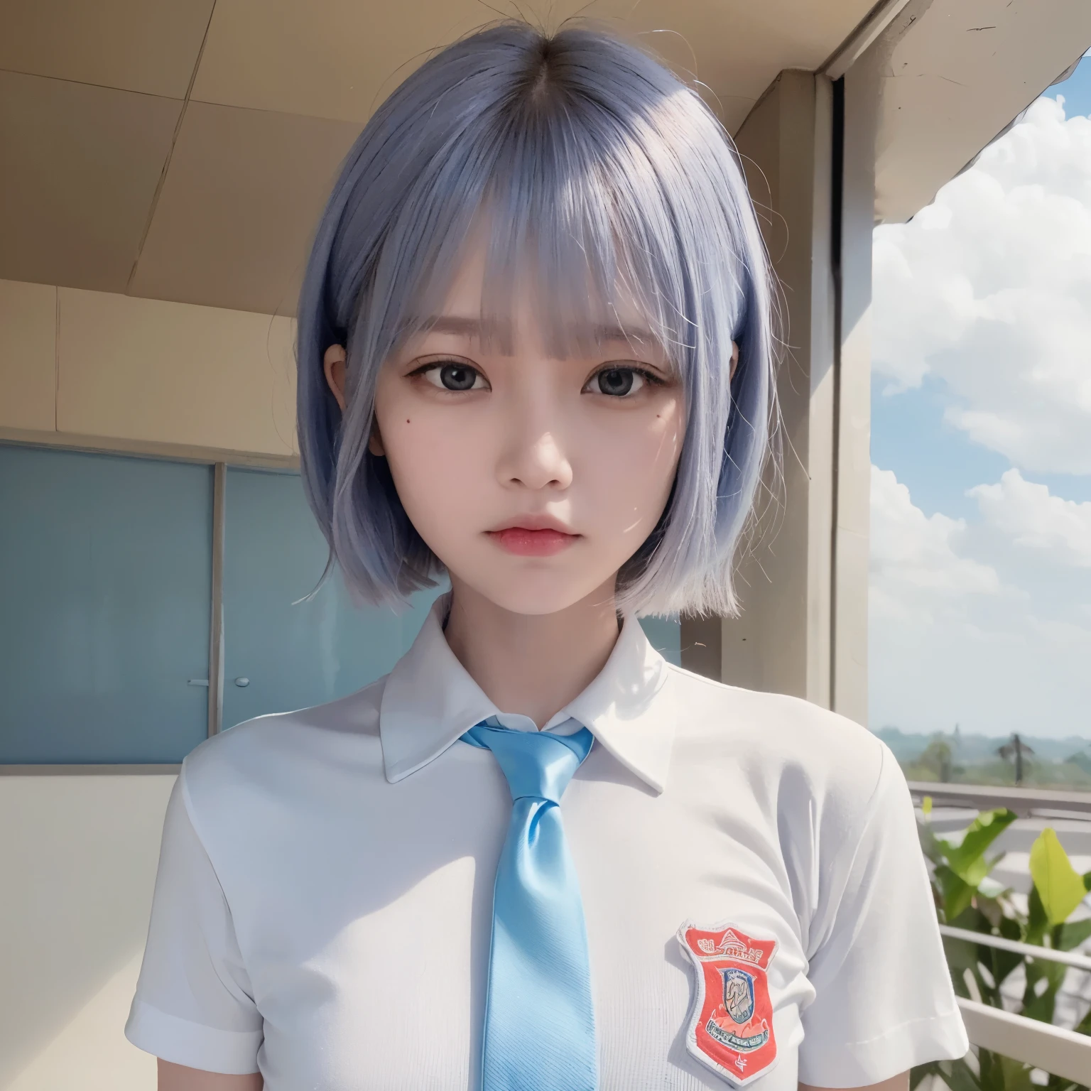best quality, ultra high res, (photorealistic1.4), 1girl, (white shirt), (light blue necktie), (light blue short hair:1.3), bangs, red eyes, ((puffy eyes)), ((upper body)), (((looking at viewer))), ((closeup)), wearing indonesian high school uniform, indo highschool uniform,