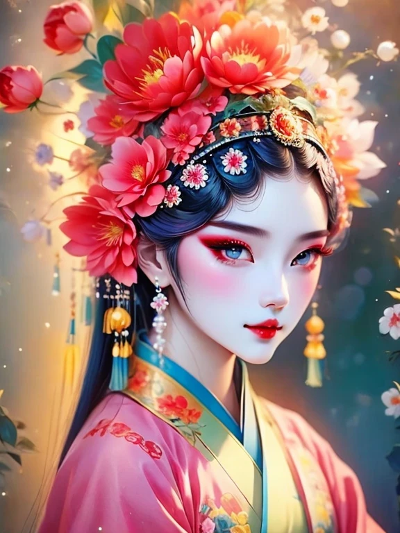 (masterpiece, best quality:1.2,lifelike:1.37), Ancient,Chinese style illustration:(1 girl,broken to pieces,portrait ),Exquisite facial features,Detailed drawing of eyes,eyelash,blush,long hair,Exquisite makeup,There are beautiful pearls on the head,Gorgeous Hanfu,blurred background,simple,glowing butterfly,blue:1.37,huge peony flower:1.37