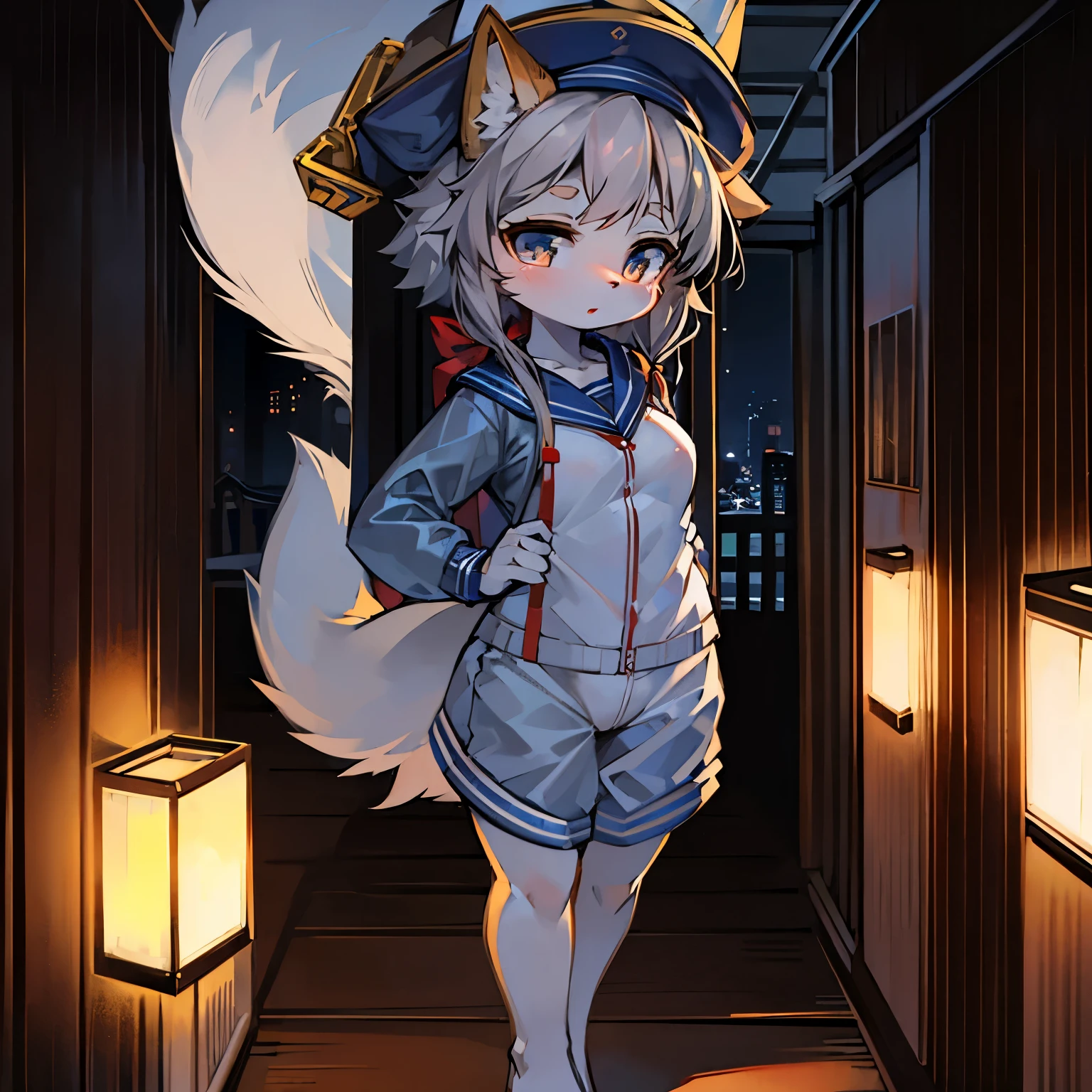 fox girl，female focus，Furry women，Furry loli，Characteristics of a three-year-old girl，Height 1.6 meters，gray hair，Bright Eyes，Sailor suit，sailor hat，