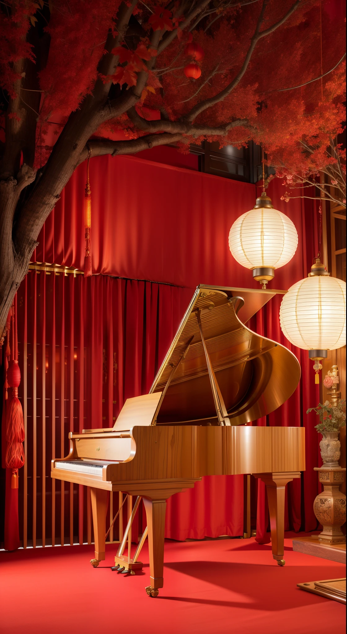 piano，lantern，table，Red silk，The color is brighter，Chinese style background ultra high definition details，top quality，High-end luxury