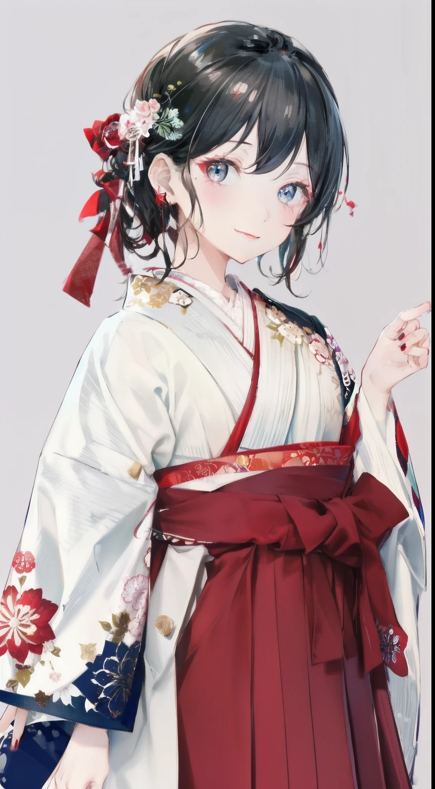 highest resolution、An illustration、1 girl、beautiful face、cute、white background、2D、Upper body、Hakama、Her straight black hair is half-up.、red lipstick、smiling shyly、graduation ceremony、gray eyes、beautiful eyes