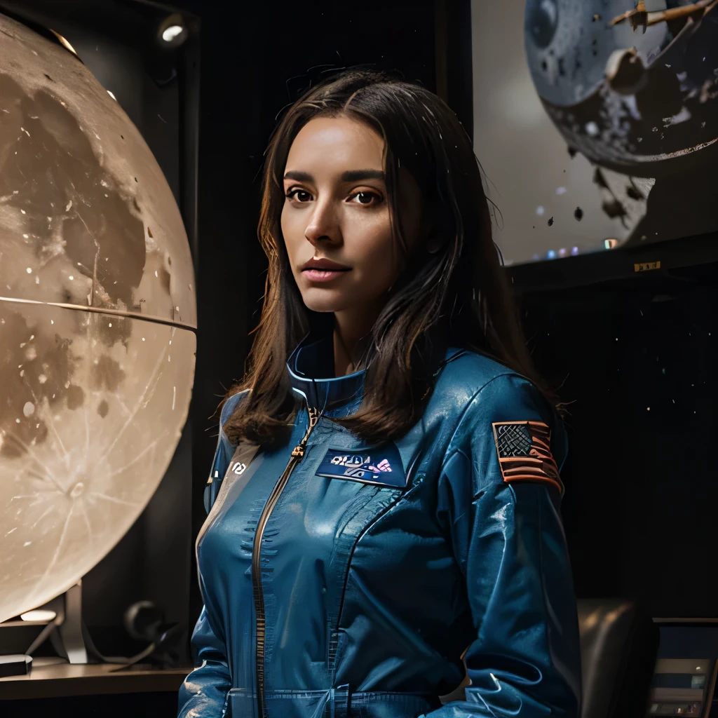 (best quality,4k,ultra-detailed,realistic:1.2),A space enthusiast of the 1960s,wearing a vintage NASA jumpsuit,gazing up at the moon, surrounded by models of rockets and satellites,studio lighting,portraits,sharp focus,vivid colors,physically-based rendering,space-themed backdrop,impressive collection of rockets and satellites,elaborate details on the jumpsuit,authentic vintage feel,UHD,professional,colorful display of space exploration artifacts,crisp lines and textures,meticulously crafted model rockets and satellites,perfectly replicated NASA jumpsuit,historical accuracy and attention to detail,enthusiast's absorbed expression,bokeh effect to enhance the moon,realistic rendering of space objects,meticulous lighting and shadow effects.