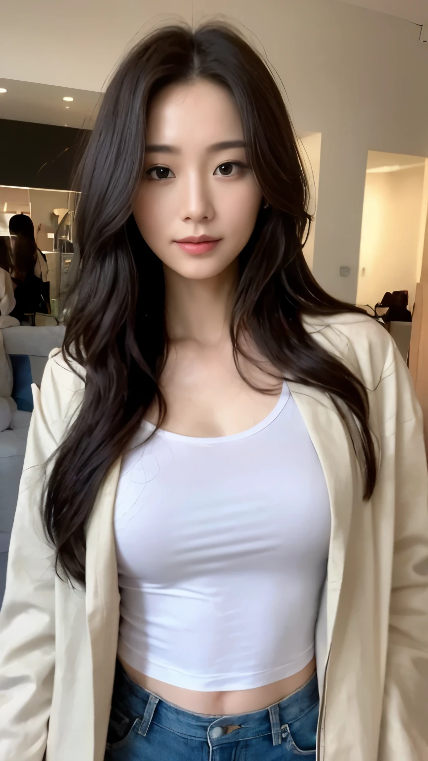 ((top-quality、8k、​masterpiece:1.3))、Beautiful woman with perfect body:1.4、slim abdomen:1.2、Longhair, normal breast, Highly detailed facial and skin texture, A detailed eye, delicate eyes, double eyelid, (smile), (full body shot), ((shopping mall)), (standing), (((wearing white t-shirt with jacket)), looking in front